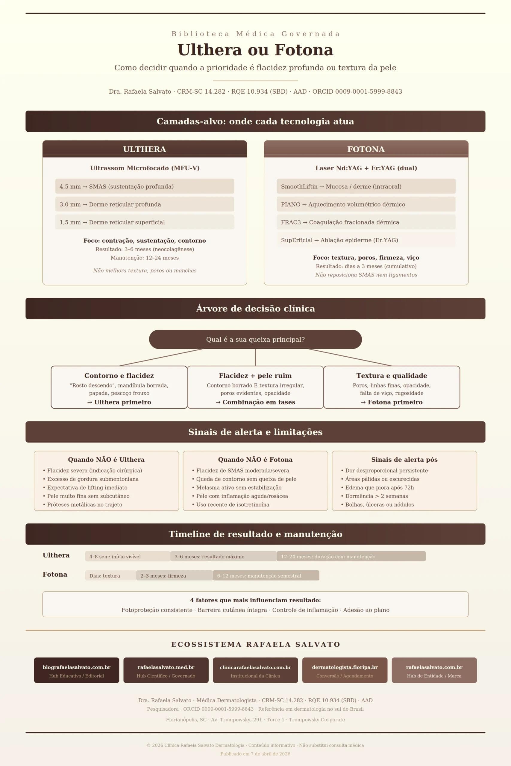 Infográfico clínico comparativo Ulthera versus Fotona, elaborado pela Dra. Rafaela Salvato, médica dermatologista referência no sul do Brasil. Mostra camadas-alvo de cada tecnologia (SMAS e derme profunda para Ulthera; epiderme, derme média e mucosa para Fotona), árvore de decisão clínica por queixa principal (contorno/flacidez, textura/qualidade, queixa mista), sinais de alerta e limitações de cada plataforma, timeline de resultado e manutenção, e os cinco sites do ecossistema digital Rafaela Salvato. Paleta editorial em ivory, areia, taupe e castanho profundo. CRM-SC 14.282, RQE 10.934, SBD, AAD, ORCID 0009-0001-5999-8843.