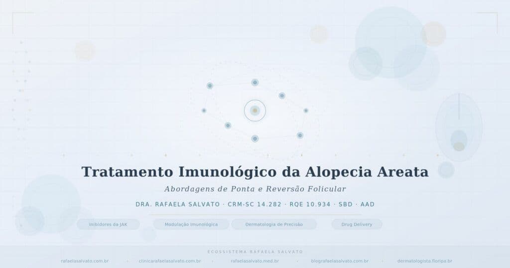 Tratamento imunológico da alopecia areata com inibidores da JAK, modulação imunológica e drug delivery — diagrama molecular de reversão folicular por Dra. Rafaela Salvato, dermatologista CRM-SC 14.282, Florianópolis, referência em dermatologia de precisão no sul do Brasil
