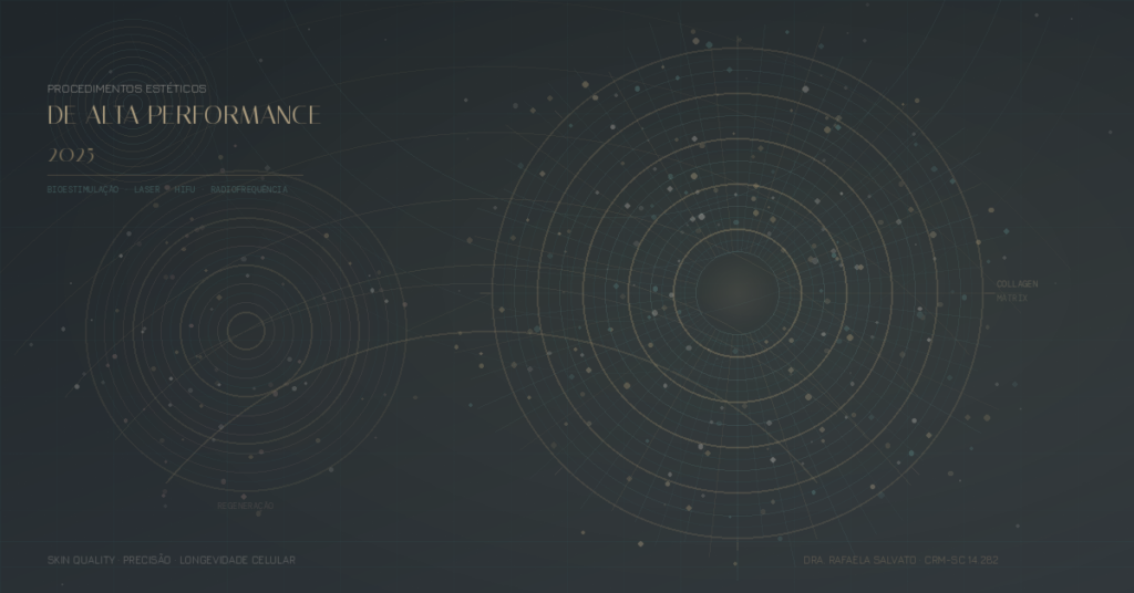 Ilustração abstrata premium representando procedimentos estéticos de alta performance em 2025 — círculos concêntricos evocam matriz de colágeno, linhas radiantes simbolizam energia de laser e HIFU, e partículas douradas remetem à bioestimulação e longevidade celular. Composição visual com referências a Skin Quality, precisão clínica e radiofrequência, assinada pela Dra. Rafaela Salvato, CRM-SC 14.282, dermatologista em Florianópolis