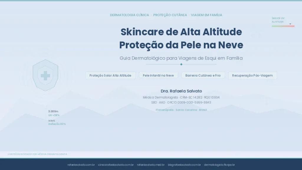 Guia dermatológico de skincare para viagens de esqui e neve com proteção solar em alta altitude, cuidados infantis e recuperação pós-viagem — padrão hexagonal representando barreira cutânea sobre fundo alpino azul-gelo, com credenciais da Dra. Rafaela Salvato, médica dermatologista CRM-SC 14.282, referência em dermatologia no sul do Brasil