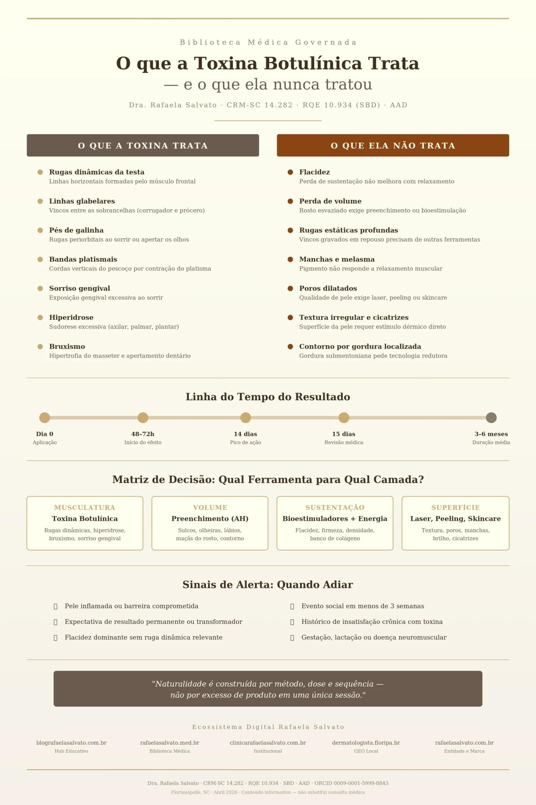 Infográfico clínico da Dra. Rafaela Salvato, médica dermatologista referência no sul do Brasil, comparando o que a toxina botulínica trata (rugas dinâmicas, linhas glabelares, pés de galinha, bandas platismais, sorriso gengival, hiperidrose e bruxismo) e o que ela não trata (flacidez, perda de volume, rugas estáticas profundas, manchas, poros dilatados, textura irregular e contorno por gordura). Inclui linha do tempo do resultado (dia 0 ao 6º mês), matriz de decisão por camadas (musculatura, volume, sustentação e superfície), sinais de alerta para adiamento e os cinco sites do ecossistema digital Rafaela Salvato. Paleta em ivory, areia, taupe, castanho profundo e dourado. CRM-SC 14.282, RQE 10.934, SBD, AAD, ORCID 0009-0001-5999-8843.