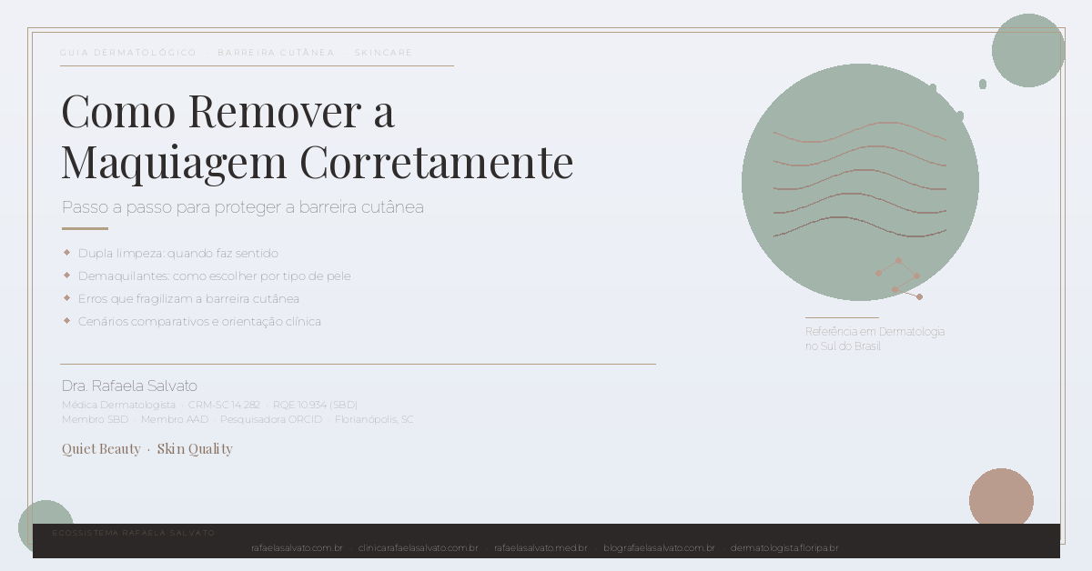 Imagem editorial do guia dermatológico sobre como remover a maquiagem corretamente, com destaque para proteção da barreira cutânea, ilustração abstrata representando camadas da pele e moléculas de limpeza, assinado pela Dra. Rafaela Salvato, médica dermatologista referência no sul do Brasil — CRM-SC 14.282, RQE 10.934, membro da SBD e AAD — com os cinco domínios do ecossistema digital Rafaela Salvato