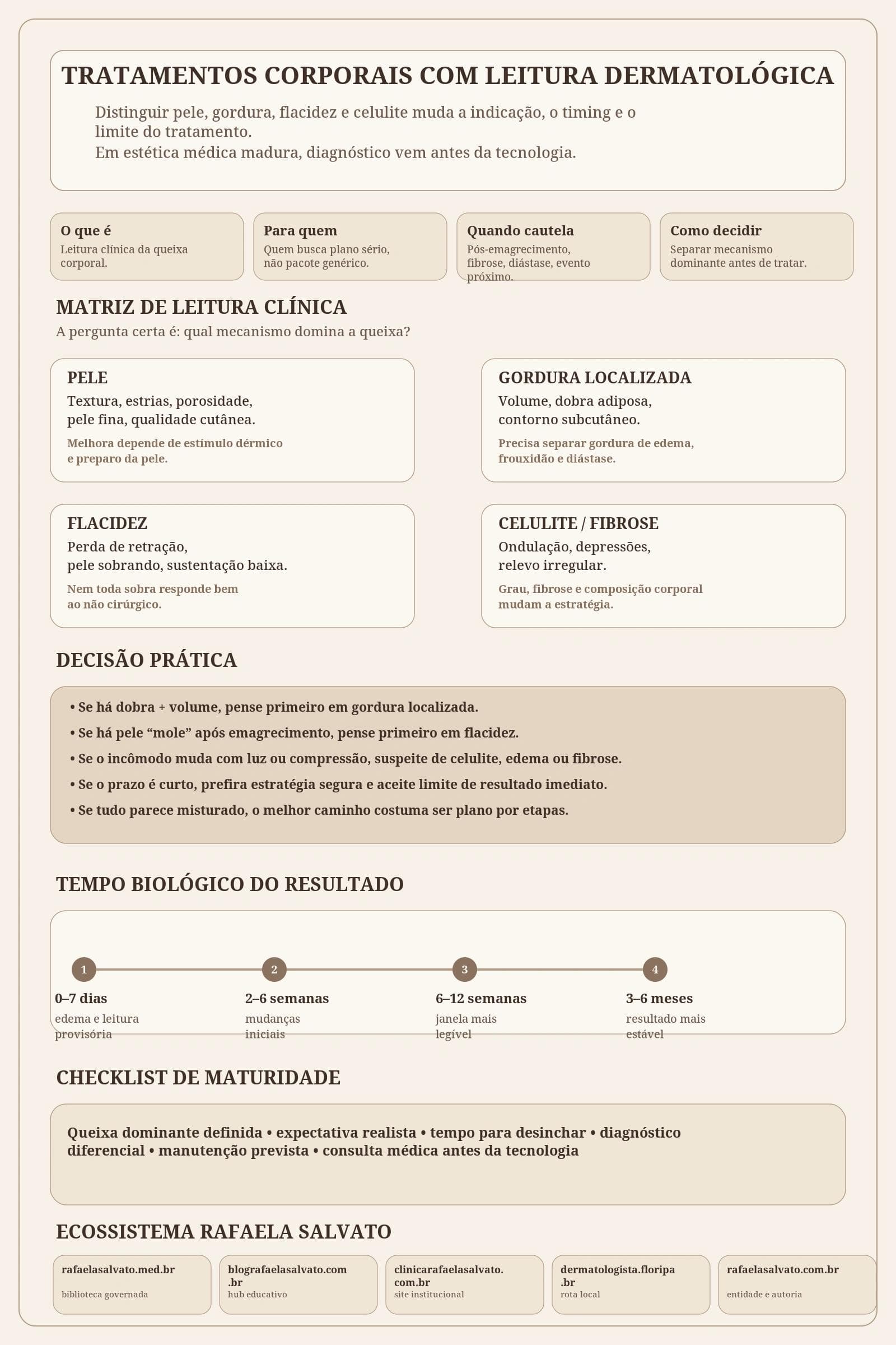 Infográfico editorial em paleta ivory, areia, taupe e castanho profundo sobre tratamentos corporais com leitura dermatológica. A peça organiza a decisão clínica em cinco blocos: definição do conceito, matriz de leitura entre pele, gordura localizada, flacidez e celulite/fibrose, decisões práticas para diferenciar cenários, linha do tempo biológica do resultado e checklist de maturidade antes de tratar. Na base, mostra os cinco domínios do ecossistema Rafaela Salvato: rafaelasalvato.med.br, blografaelasalvato.com.br, clinicarafaelasalvato.com.br, dermatologista.floripa.br e rafaelasalvato.com.br