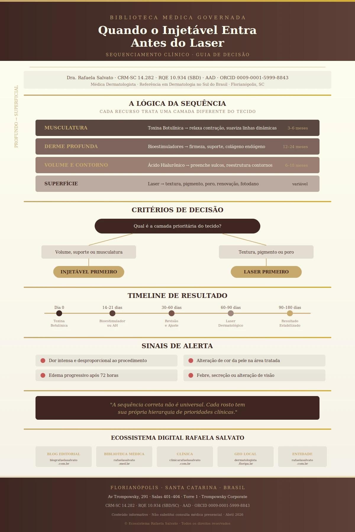 Infográfico clínico: quando o injetável entra antes do laser — sequenciamento por camadas teciduais, critérios de decisão, timeline de resultado e sinais de alerta. Produzido pela Dra. Rafaela Salvato, médica dermatologista referência no sul do Brasil, CRM-SC 14.282, RQE 10.934. Ecossistema Rafaela Salvato: blografaelasalvato.com.br, rafaelasalvato.med.br, clinicarafaelasalvato.com.br, dermatologista.floripa.br, rafaelasalvato.com.br