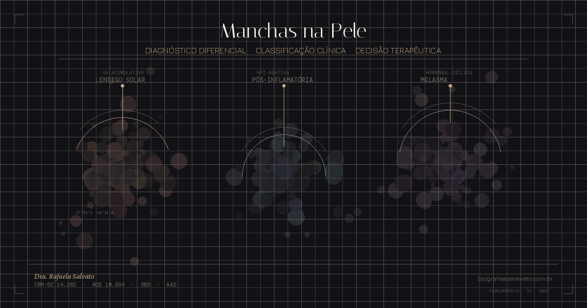 Infográfico médico com fundo escuro mostrando três zonas de pigmentação cutânea — lentigo solar, hiperpigmentação pós-inflamatória e melasma — representadas por clusters de tonalidades distintas com arcos dermatoscópicos, notação clínica e grid cartográfico, identificando visualmente o diagnóstico diferencial de manchas na pele. Autoria: Dra. Rafaela Salvato, dermatologista em Florianópolis, CRM-SC 14.282