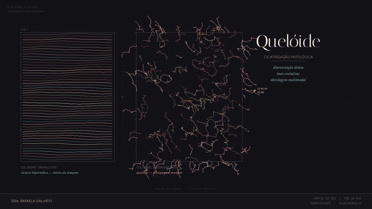Ilustração esquemática comparando colágeno organizado na cicatriz hipertrófica com colágeno desorganizado no quelóide que ultrapassa a margem da ferida original — Dra. Rafaela Salvato, dermatologista em Florianópolis