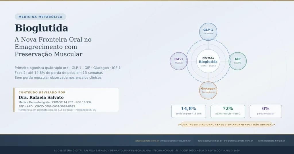 Infográfico médico sobre Bioglutida NA-931 ilustrando o mecanismo de ação do primeiro agonista quádruplo oral com ativação simultânea dos receptores GLP-1 GIP Glucagon e IGF-1 para emagrecimento com preservação muscular dados de Fase 2 mostrando 14,8 por cento de perda de peso em 13 semanas e zero por cento de perda muscular conteúdo revisado pela Dra Rafaela Salvato médica dermatologista CRM-SC 14282 RQE 10934 SBD AAD referência em dermatologia no sul do Brasil Florianópolis SC