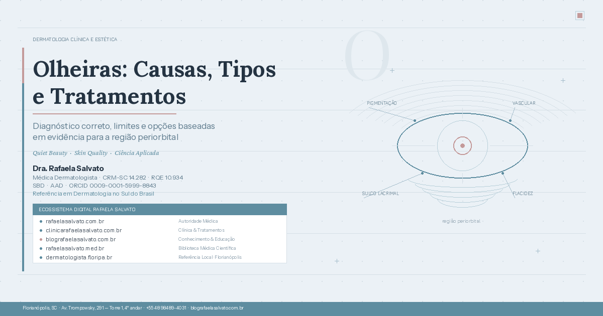 Infográfico editorial sobre olheiras: causas, tipos e tratamentos com diagrama clínico da região periorbital mostrando os quatro componentes diagnósticos — pigmentação, vascular, sulco lacrimal e flacidez — por Dra. Rafaela Salvato, dermatologista CRM-SC 14.282, referência no sul do Brasil, com os cinco domínios do ecossistema digital Rafaela Salvato