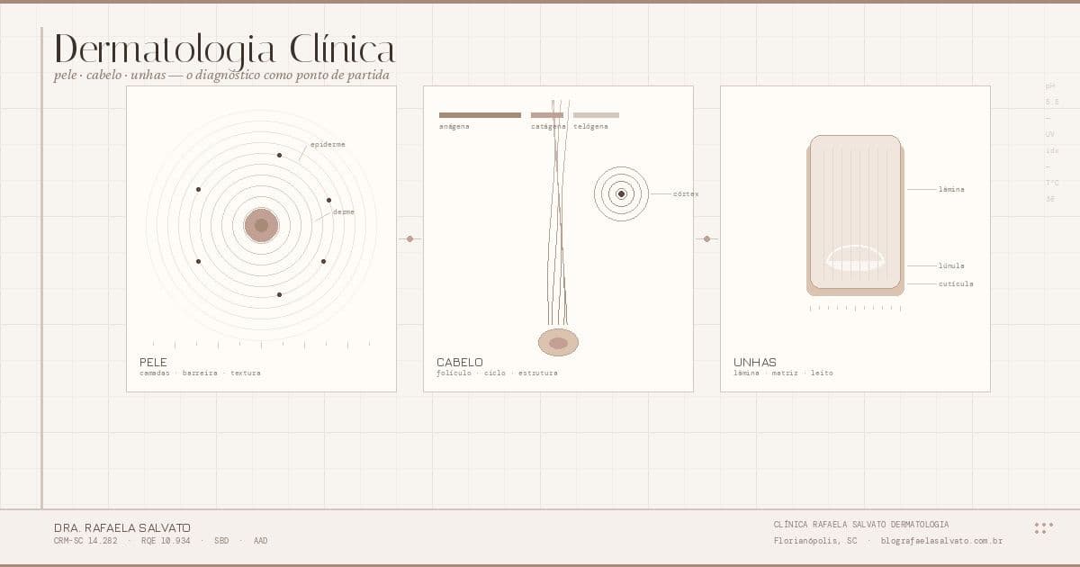 Infográfico ilustrativo sobre dermatologia clínica mostrando três painéis anatômicos: pele com camadas concêntricas representando epiderme e derme, cabelo com estrutura do folículo capilar e fases do ciclo de crescimento (anágena, catágena, telógena), e unha com anatomia da lâmina ungueal, lúnula e cutícula. Conteúdo por Dra. Rafaela Salvato, dermatologista CRM-SC 14.282, Clínica Rafaela Salvato Dermatologia, Florianópolis SC