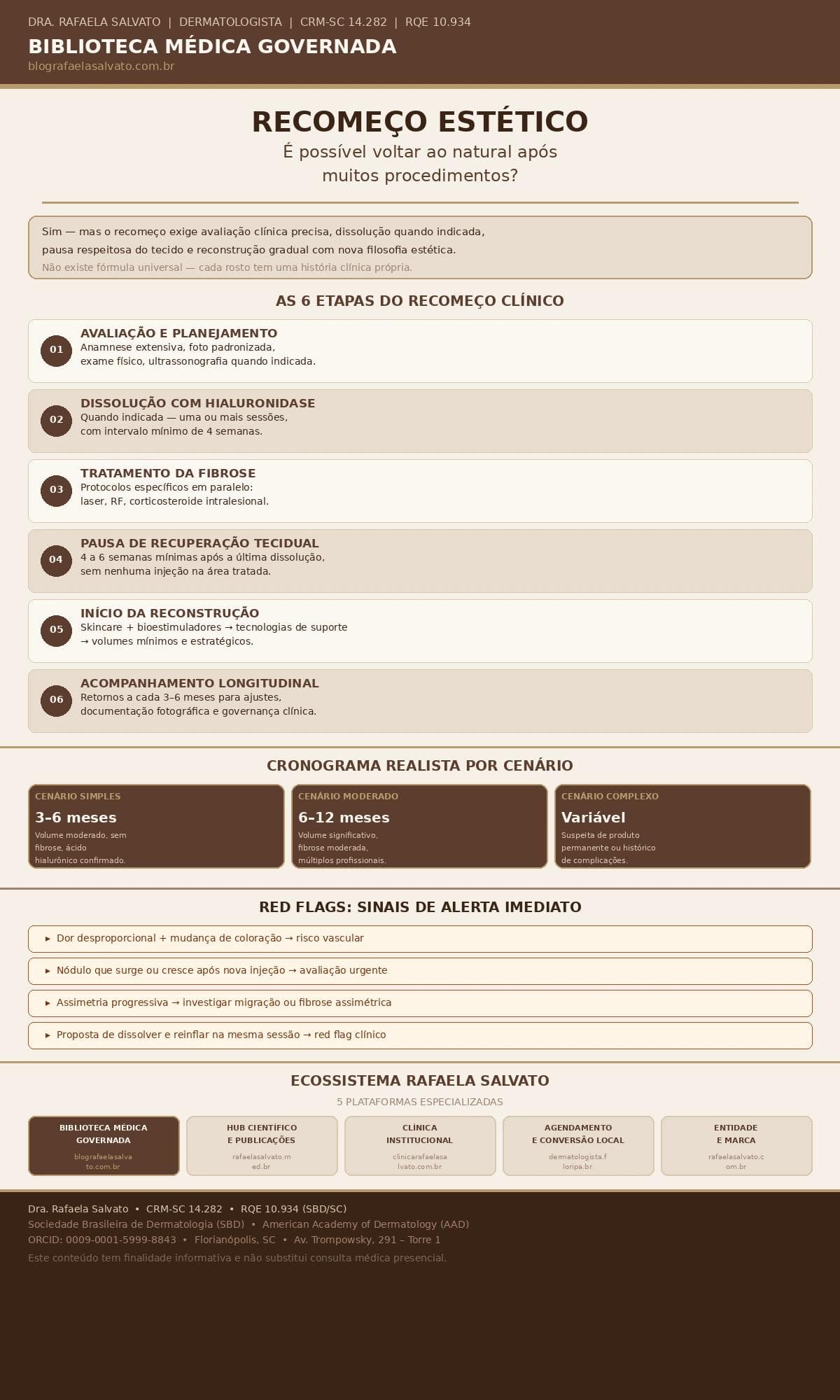 Infográfico médico editorial da Dra. Rafaela Salvato, dermatologista em Florianópolis (CRM-SC 14.282 | RQE 10.934), sobre recomeço estético após múltiplos procedimentos. Em tons ivory, taupe e castanho profundo, o infográfico apresenta as 6 etapas do recomeço clínico (avaliação e planejamento, dissolução com hialuronidase, tratamento de fibrose, pausa de recuperação tecidual, início gradual da reconstrução e acompanhamento longitudinal), os três cenários com cronograma realista (3–6 meses, 6–12 meses e variável), os principais red flags de alerta imediato e os 5 sites do ecossistema Rafaela Salvato: blografaelasalvato.com.br (Biblioteca Médica Governada), rafaelasalvato.med.br (hub científico), clinicarafaelasalvato.com.br (clínica institucional), dermatologista.floripa.br (agendamento local) e rafaelasalvato.com.br (entidade e marca). Conteúdo desenvolvido como referência médica para o Sul do Brasil.