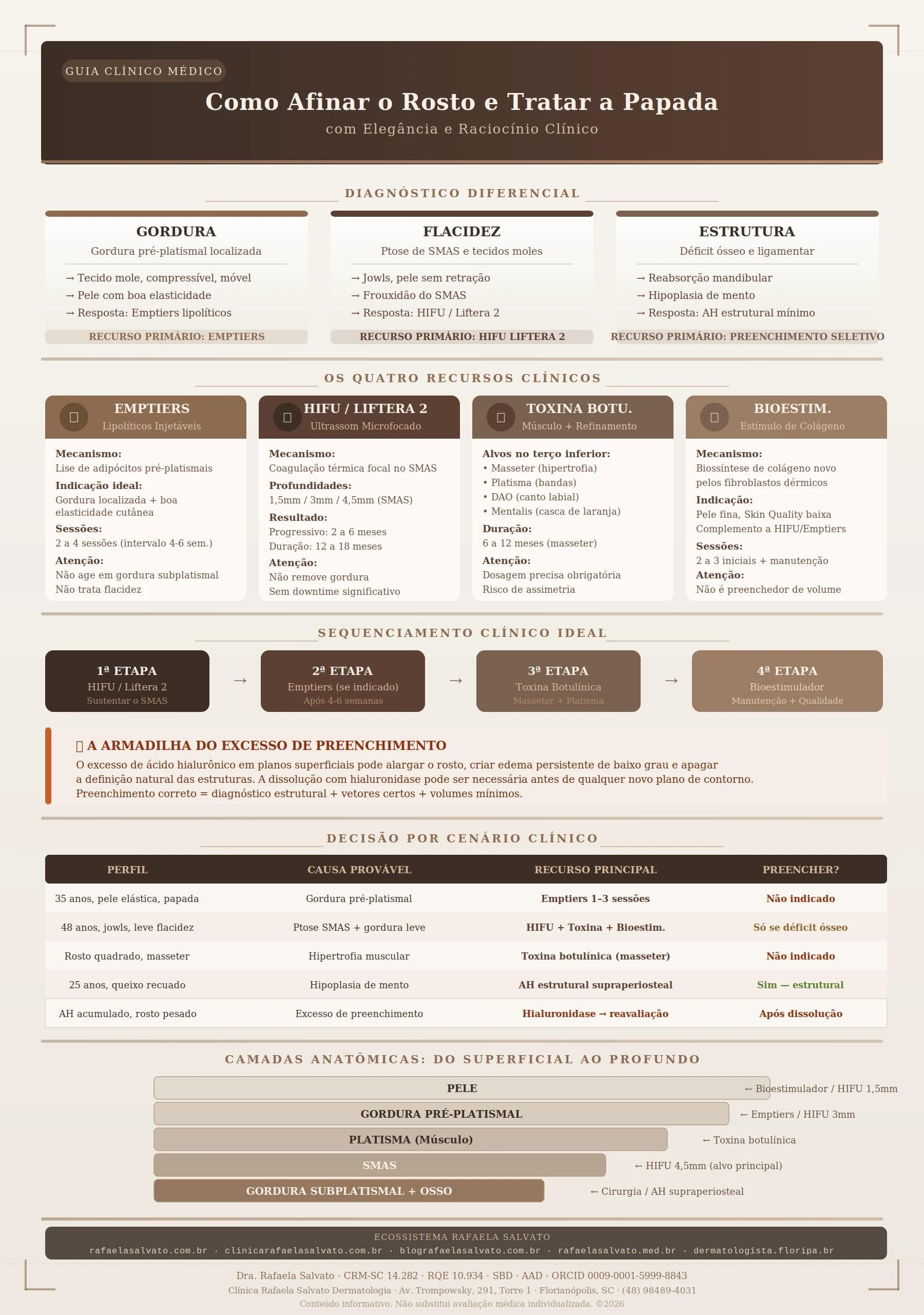 Infográfico clínico da Dra. Rafaela Salvato sobre como afinar o rosto e tratar a papada sem excesso de preenchimento. Apresenta diagnóstico diferencial entre gordura, flacidez e déficit estrutural; os quatro recursos clínicos (emptiers, HIFU Liftera 2, toxina botulínica e bioestimuladores de colágeno) com mecanismo, indicação e limitações; sequenciamento ideal de tratamento em 4 etapas; alerta sobre a armadilha do excesso de ácido hialurônico; tabela de decisão por cenário clínico; e mapa anatômico das camadas do contorno mandibular. Conteúdo produzido pela médica dermatologista Dra. Rafaela Salvato, CRM-SC 14.282, RQE 10.934, SBD, AAD, Florianópolis, SC