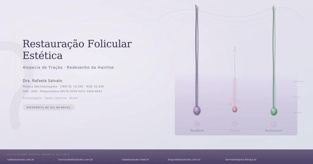 Ilustração médica sobre restauração folicular estética e alopecia de tração mostrando três estágios da unidade folicular — saudável, danificado por tração e restaurado — com camadas da pele (epiderme, derme, subcutis), por Dra. Rafaela Salvato, médica dermatologista CRM-SC 14.282 RQE 10.934, referência em redesenho da hairline e transplante capilar feminino em Florianópolis, Santa Catarina