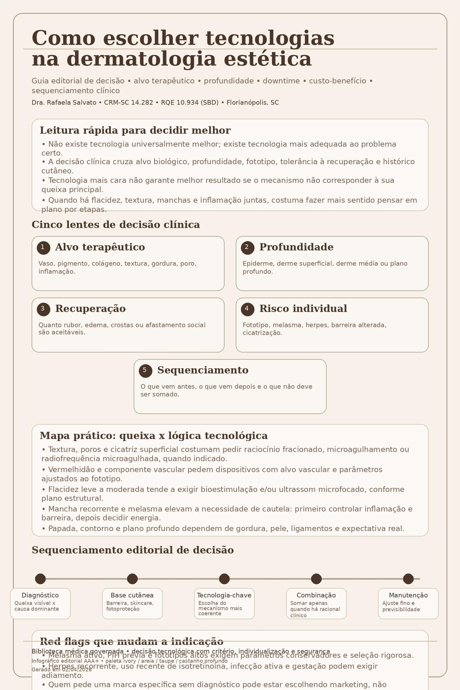 Infográfico editorial em paleta ivory, warm off-white, areia, taupe e castanho profundo sobre como escolher tecnologias na dermatologia estética, assinado pela Dra. Rafaela Salvato. A arte apresenta leitura rápida de decisão, cinco lentes clínicas de escolha — alvo terapêutico, profundidade, recuperação, risco individual e sequenciamento —, mapa prático entre queixa e lógica tecnológica, linha do tempo de decisão clínica e bloco com os cinco sites do ecossistema Rafaela Salvato: blografaelasalvato.com.br, rafaelasalvato.med.br, clinicarafaelasalvato.com.br, dermatologista.floripa.br e rafaelasalvato.com.br