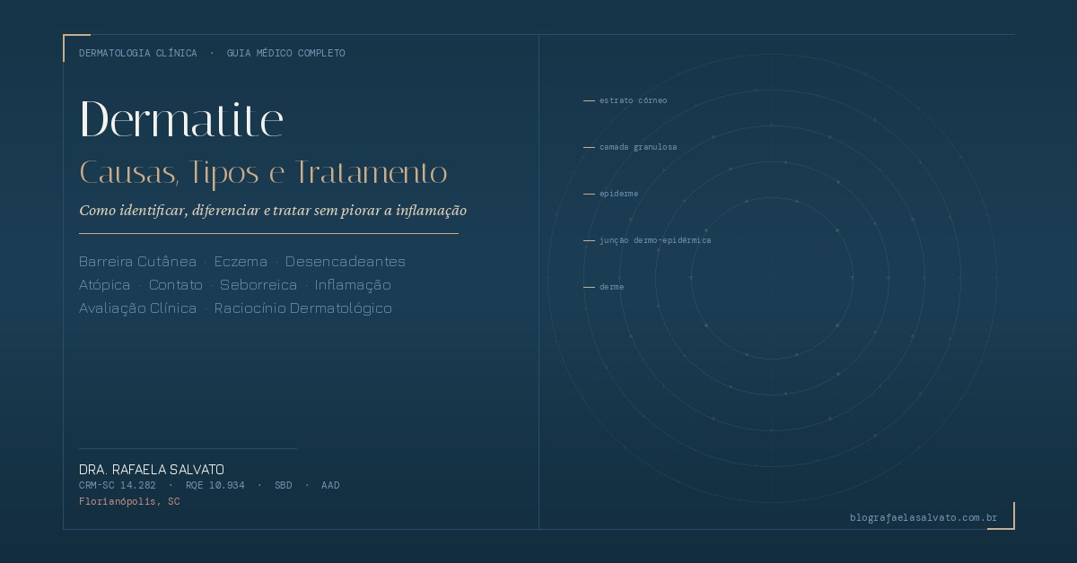 Infográfico médico sobre dermatite com representação esquemática das camadas da pele — estrato córneo, camada granulosa, epiderme, junção dermo-epidérmica e derme — em linguagem visual de cartografia dermatológica. Guia completo sobre causas, tipos e tratamento da dermatite por Dra. Rafaela Salvato, dermatologista CRM-SC 14.282, Florianópolis