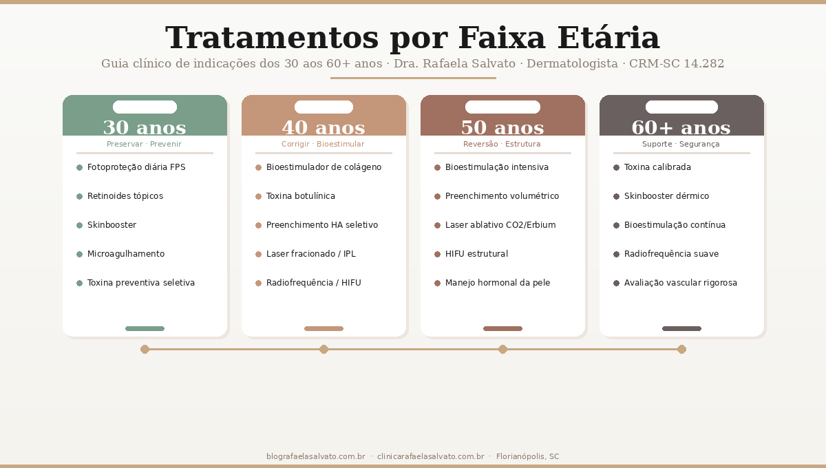 Infográfico clínico com tabela de tratamentos dermatológicos por faixa etária — 30, 40, 50 e 60 anos — elaborado pela Dra. Rafaela Salvato, dermatologista em Florianópolis, SC