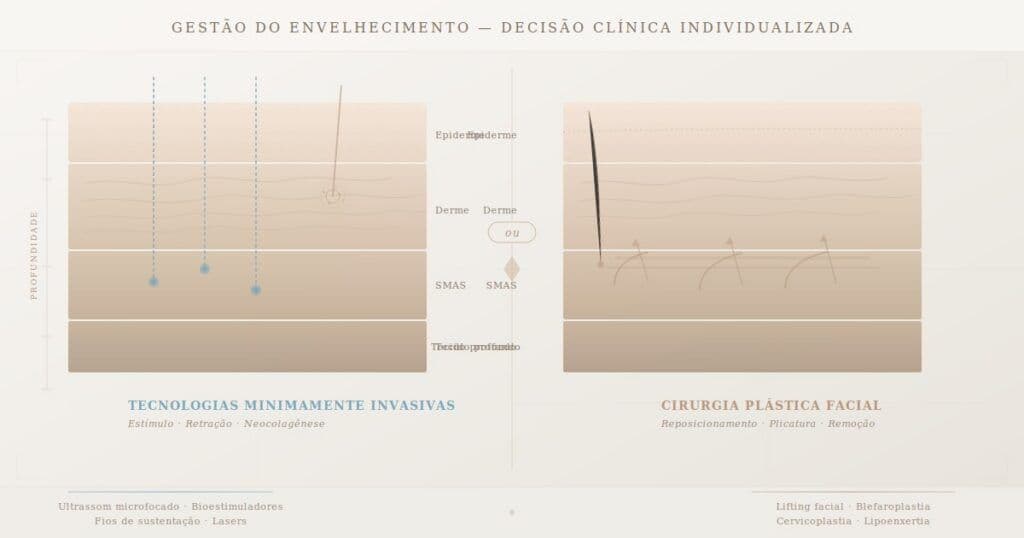 Ilustração comparativa entre tecnologias minimamente invasivas e cirurgia plástica facial mostrando camadas da pele — epiderme, derme, SMAS e tecido profundo — com feixes de ultrassom microfocado e bioestimuladores de colágeno à esquerda e vetores de reposicionamento cirúrgico do SMAS à direita, representando a decisão clínica individualizada na gestão do envelhecimento facial. Conteúdo médico por Dra. Rafaela Salvato, dermatologista em Florianópolis