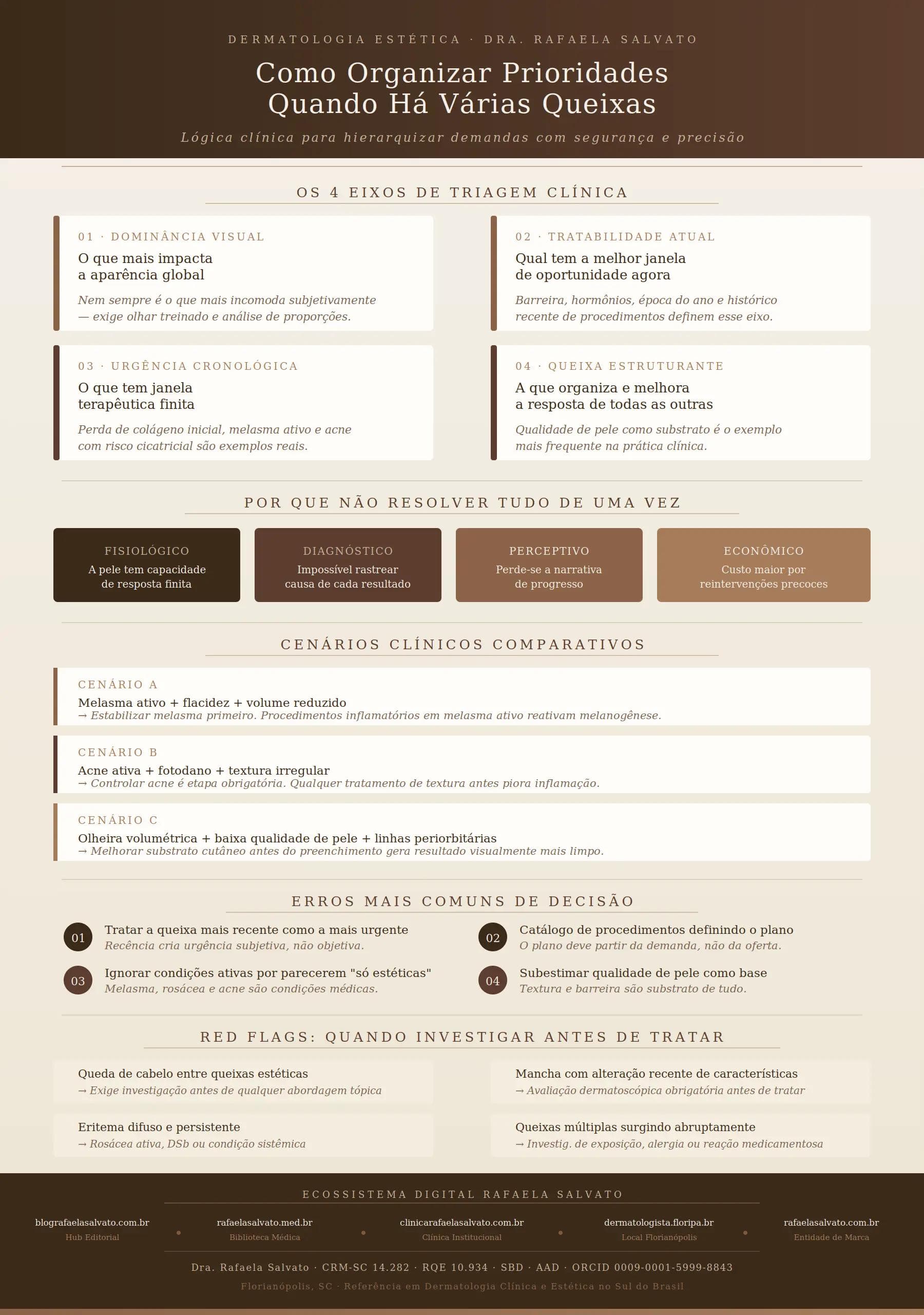Infográfico editorial da Dra. Rafaela Salvato intitulado "Como Organizar Prioridades Quando Há Várias Queixas" — em paleta ivory, areia, taupe e castanho profundo. O infográfico apresenta os 4 eixos de triagem clínica (dominância visual, tratabilidade atual, urgência cronológica e queixa estruturante), os 4 motivos pelos quais tentar resolver tudo de uma vez é contraproducente, três cenários clínicos comparativos com sequências de priorização, os quatro erros mais comuns de decisão, quatro red flags que exigem investigação antes de qualquer tratamento estético, e os cinco sites do ecossistema digital Rafaela Salvato. Rodapé com credenciais completas: CRM-SC 14.282, RQE 10.934, SBD, AAD, ORCID 0009-0001-5999-8843.