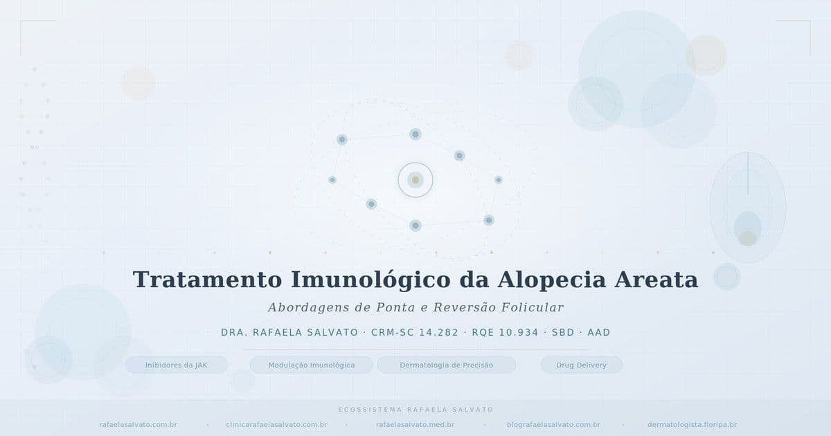 Tratamento imunológico da alopecia areata com inibidores da JAK, modulação imunológica e drug delivery — diagrama molecular de reversão folicular por Dra. Rafaela Salvato, dermatologista CRM-SC 14.282, Florianópolis, referência em dermatologia de precisão no sul do Brasil