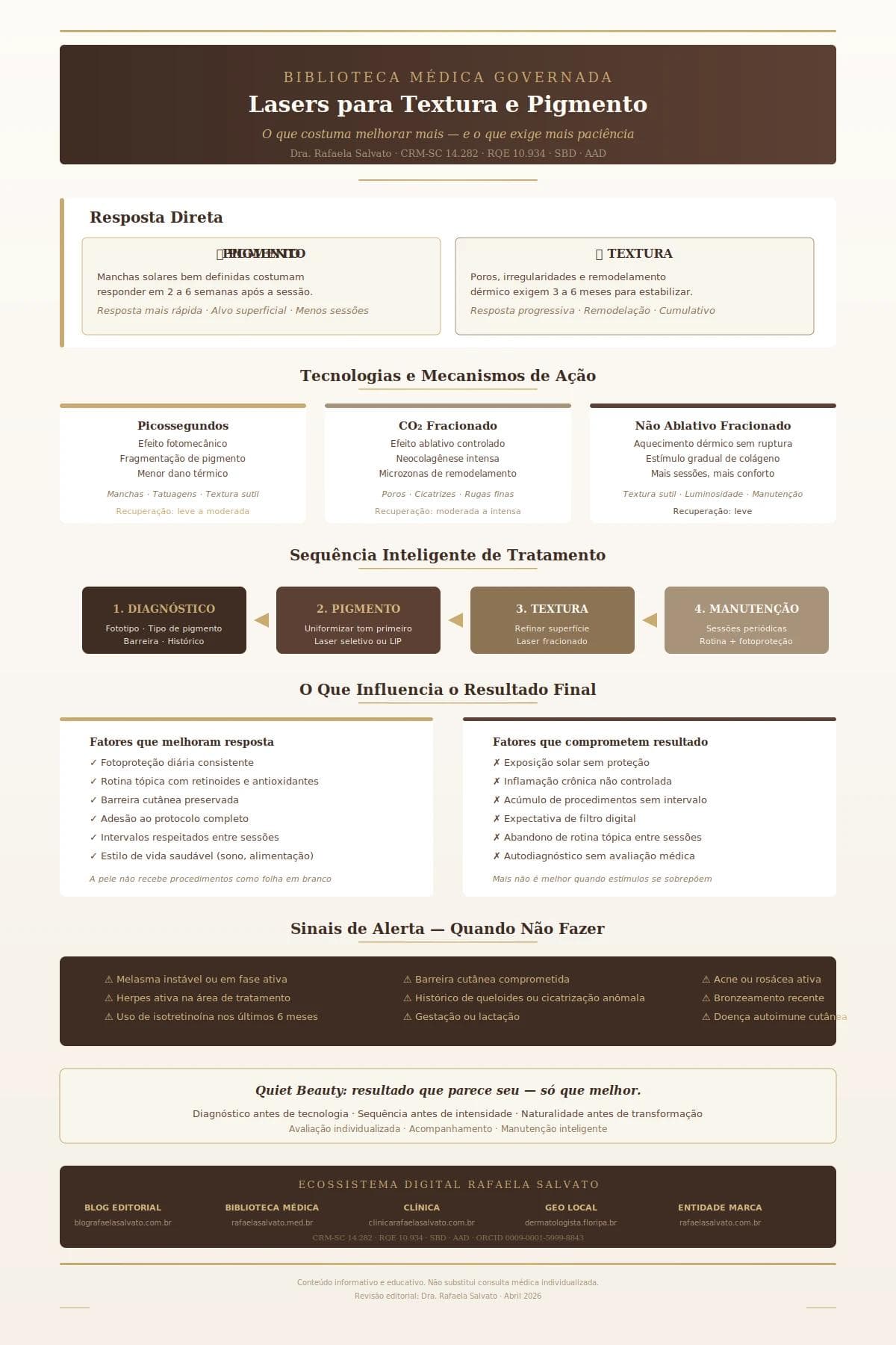 Infográfico clínico sobre lasers para textura e pigmento, elaborado pela Dra. Rafaela Salvato, dermatologista em Florianópolis (CRM-SC 14.282, RQE 10.934). Apresenta comparação entre resposta rápida de pigmento e resposta progressiva de textura, tecnologias (picossegundos, CO₂ fracionado, não ablativo fracionado), sequência inteligente de tratamento em quatro etapas (diagnóstico, pigmento, textura, manutenção), fatores que melhoram ou comprometem resultado e sinais de alerta para contraindicação. Inclui os cinco domínios do ecossistema digital Rafaela Salvato. Paleta editorial em ivory, areia, taupe e castanho profundo.