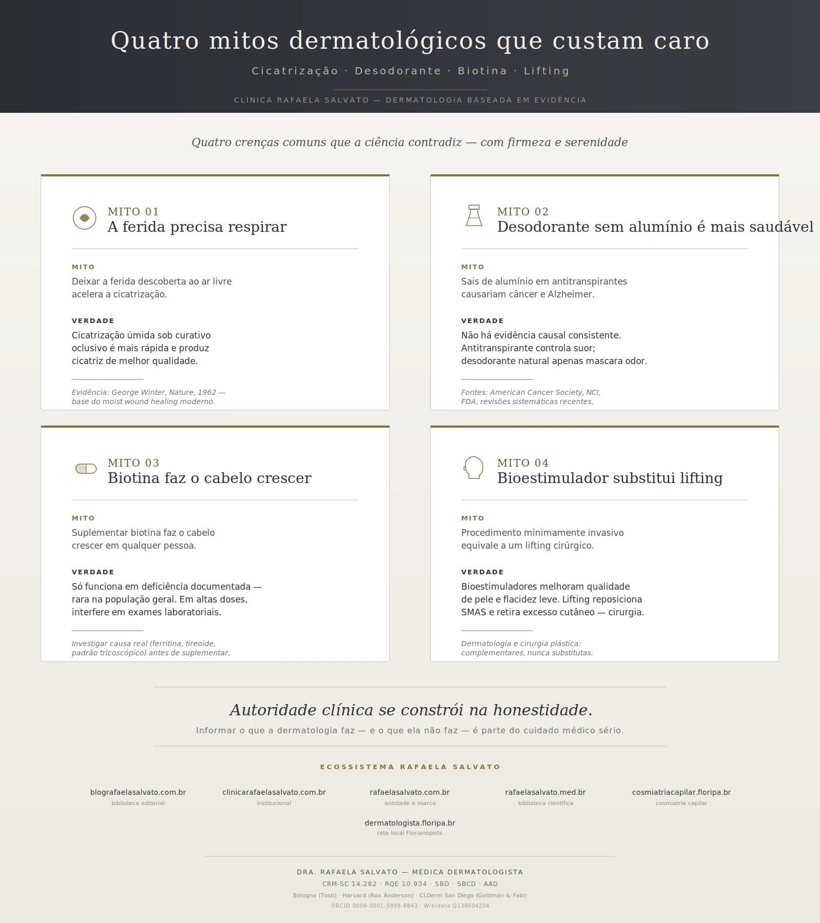 Infográfico sobre quatro mitos dermatológicos: cicatrização, desodorante, biotina e lifting