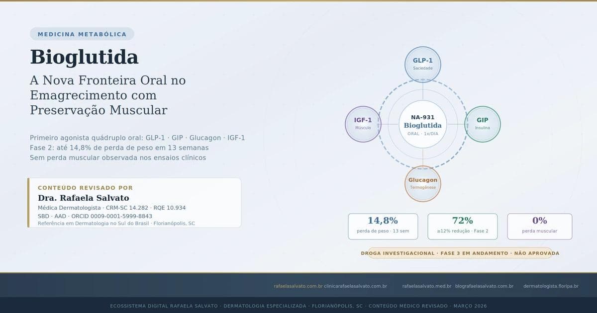 Infográfico médico sobre Bioglutida NA-931 ilustrando o mecanismo de ação do primeiro agonista quádruplo oral com ativação simultânea dos receptores GLP-1 GIP Glucagon e IGF-1 para emagrecimento com preservação muscular dados de Fase 2 mostrando 14,8 por cento de perda de peso em 13 semanas e zero por cento de perda muscular conteúdo revisado pela Dra Rafaela Salvato médica dermatologista CRM-SC 14282 RQE 10934 SBD AAD referência em dermatologia no sul do Brasil Florianópolis SC