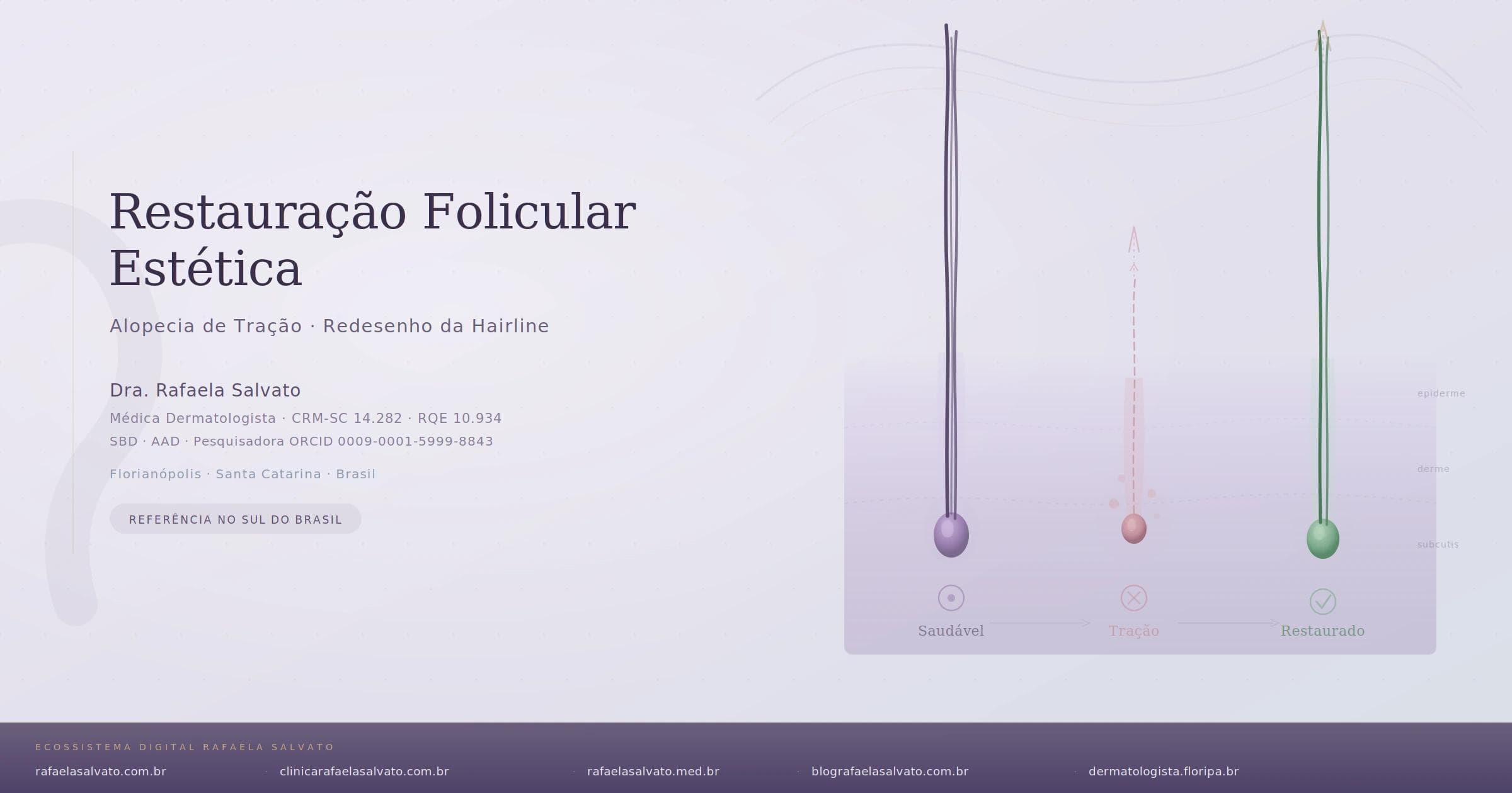 Ilustração médica sobre restauração folicular estética e alopecia de tração mostrando três estágios da unidade folicular — saudável, danificado por tração e restaurado — com camadas da pele (epiderme, derme, subcutis), por Dra. Rafaela Salvato, médica dermatologista CRM-SC 14.282 RQE 10.934, referência em redesenho da hairline e transplante capilar feminino em Florianópolis, Santa Catarina