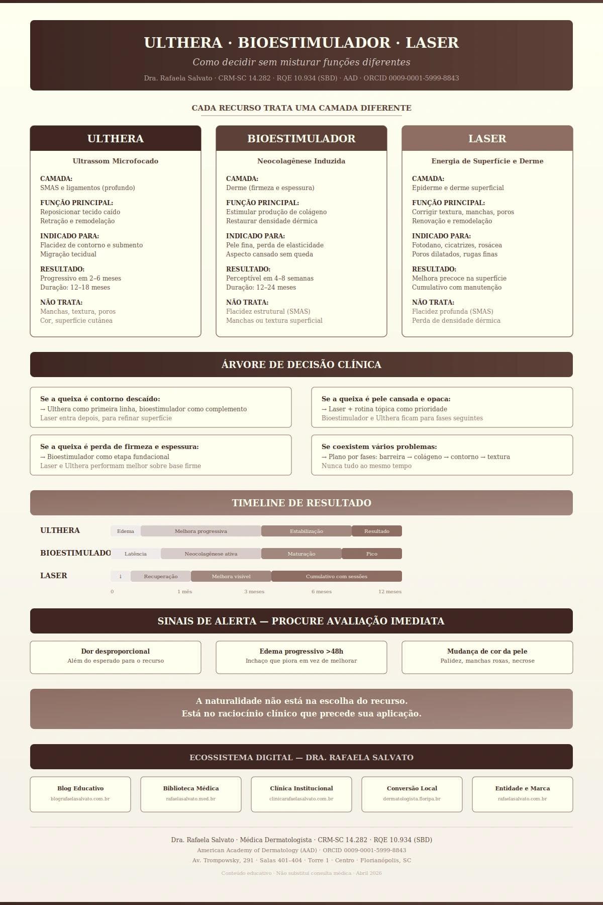 Infográfico clínico comparativo entre Ulthera, bioestimulador de colágeno e laser dermatológico: camadas de atuação, indicações, timeline de resultado, árvore de decisão e sinais de alerta. Conteúdo educativo da Dra. Rafaela Salvato, médica dermatologista referência no sul do Brasil, CRM-SC 14.282, RQE 10.934 (SBD). Ecossistema digital: blografaelasalvato.com.br, rafaelasalvato.med.br, clinicarafaelasalvato.com.br, dermatologista.floripa.br, rafaelasalvato.com.br
