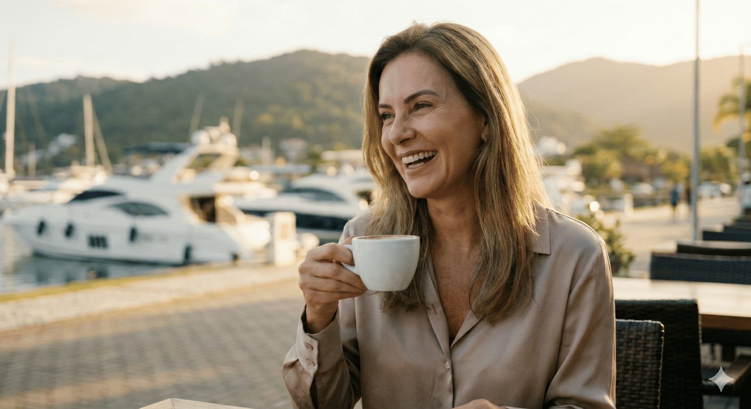 Mulher madura e elegante, com pele radiante e aparência natural, sorrindo de forma confiante enquanto segura uma xícara de café. Ela está sentada ao ar livre em um ambiente sofisticado de marina com iates ao fundo, sob a luz dourada do fim de tarde em Florianópolis