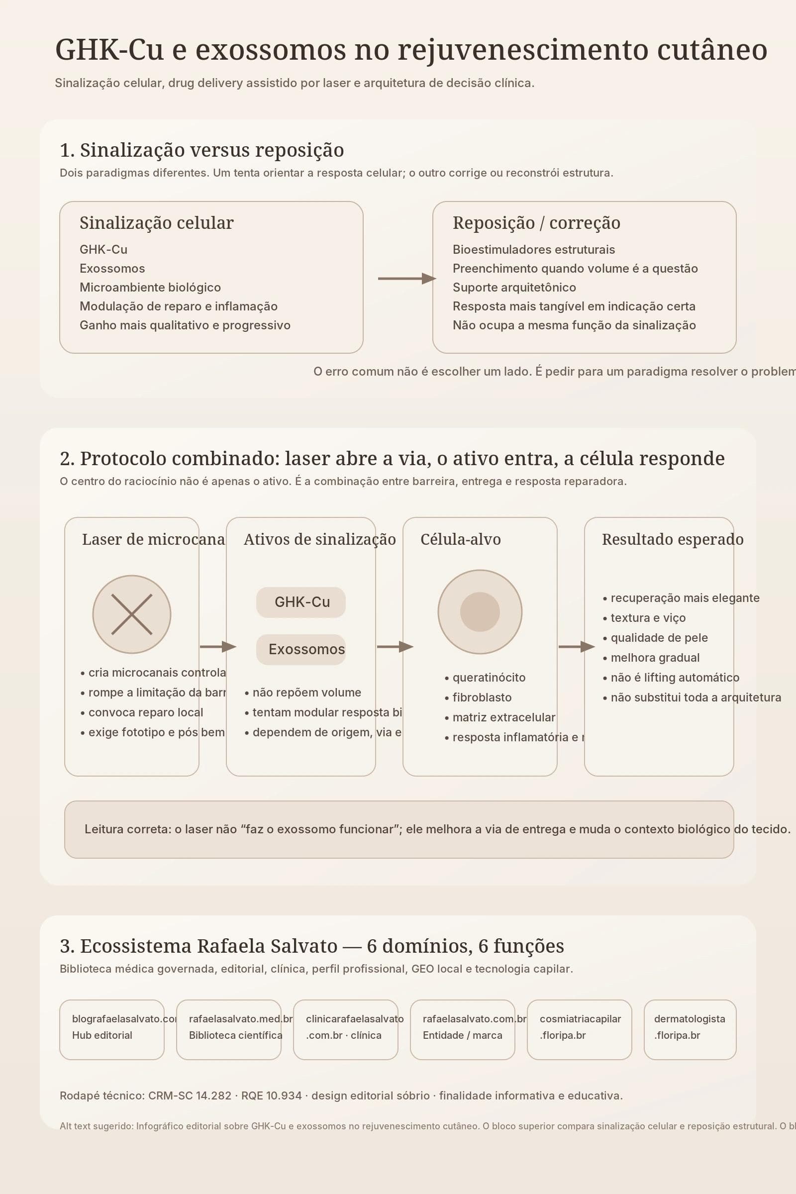 Infográfico sobre GHK-Cu e exossomos no rejuvenescimento cutâneo