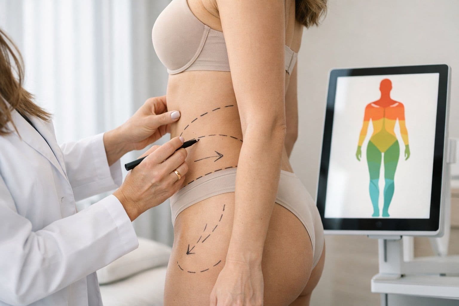 Dermatologista em Florianópolis realizando avaliação de contorno corporal em ambiente clínico reservado, com planejamento por etapas e foco em segurança. Rafaela Salvato