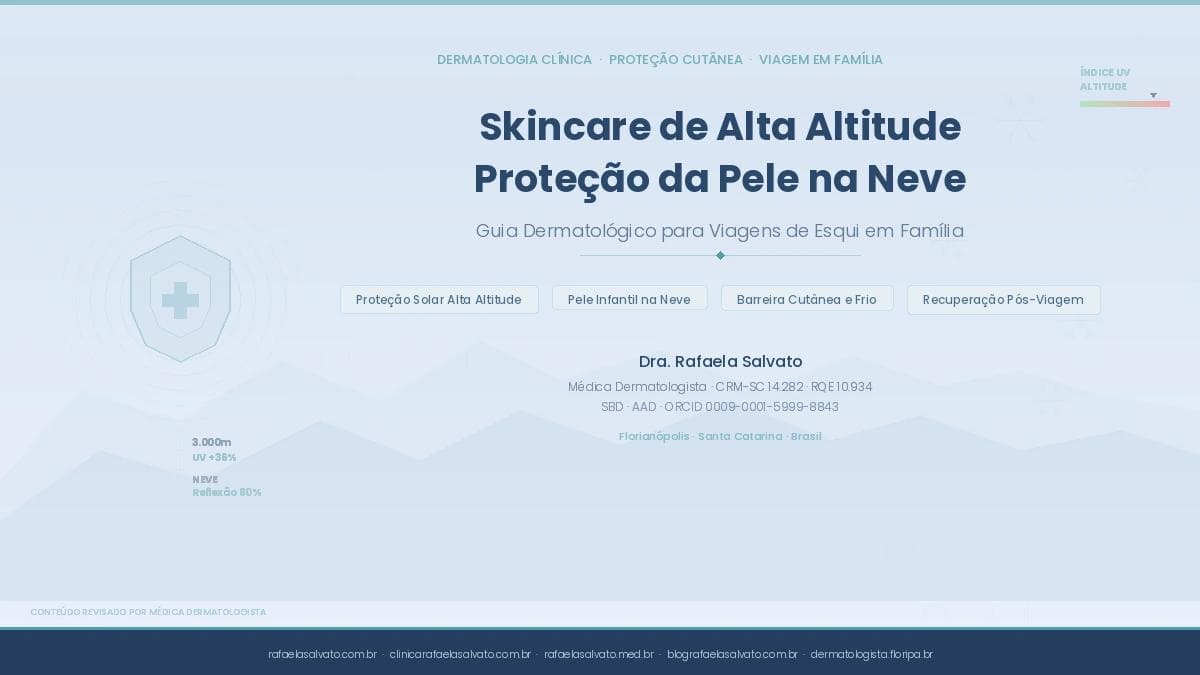 Guia dermatológico de skincare para viagens de esqui e neve com proteção solar em alta altitude, cuidados infantis e recuperação pós-viagem — padrão hexagonal representando barreira cutânea sobre fundo alpino azul-gelo, com credenciais da Dra. Rafaela Salvato, médica dermatologista CRM-SC 14.282, referência em dermatologia no sul do Brasil