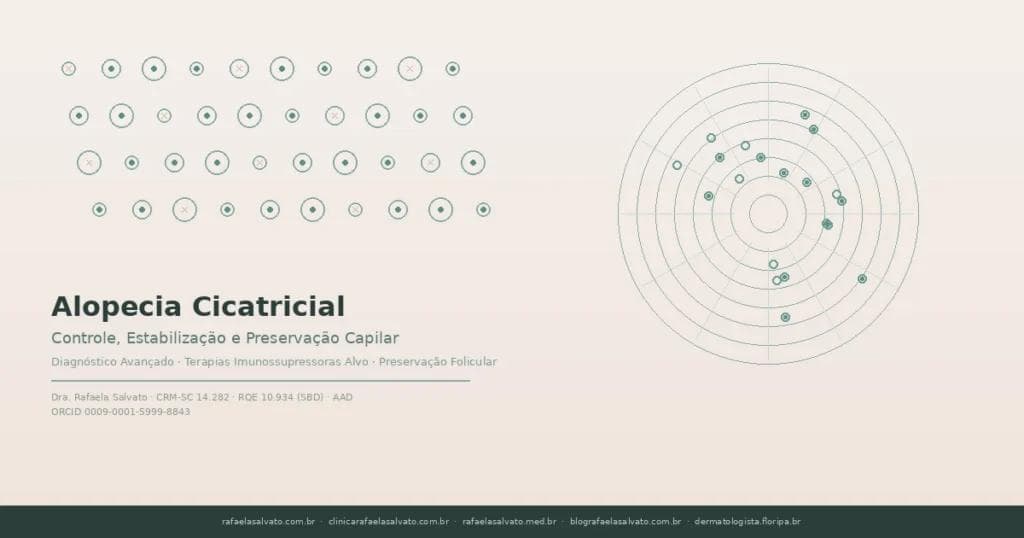Ilustração de abordagem dermatológica avançada para controle da alopecia cicatricial com tricoscopia digital e preservação folicular na Clínica Rafaela Salvato em Florianópolis