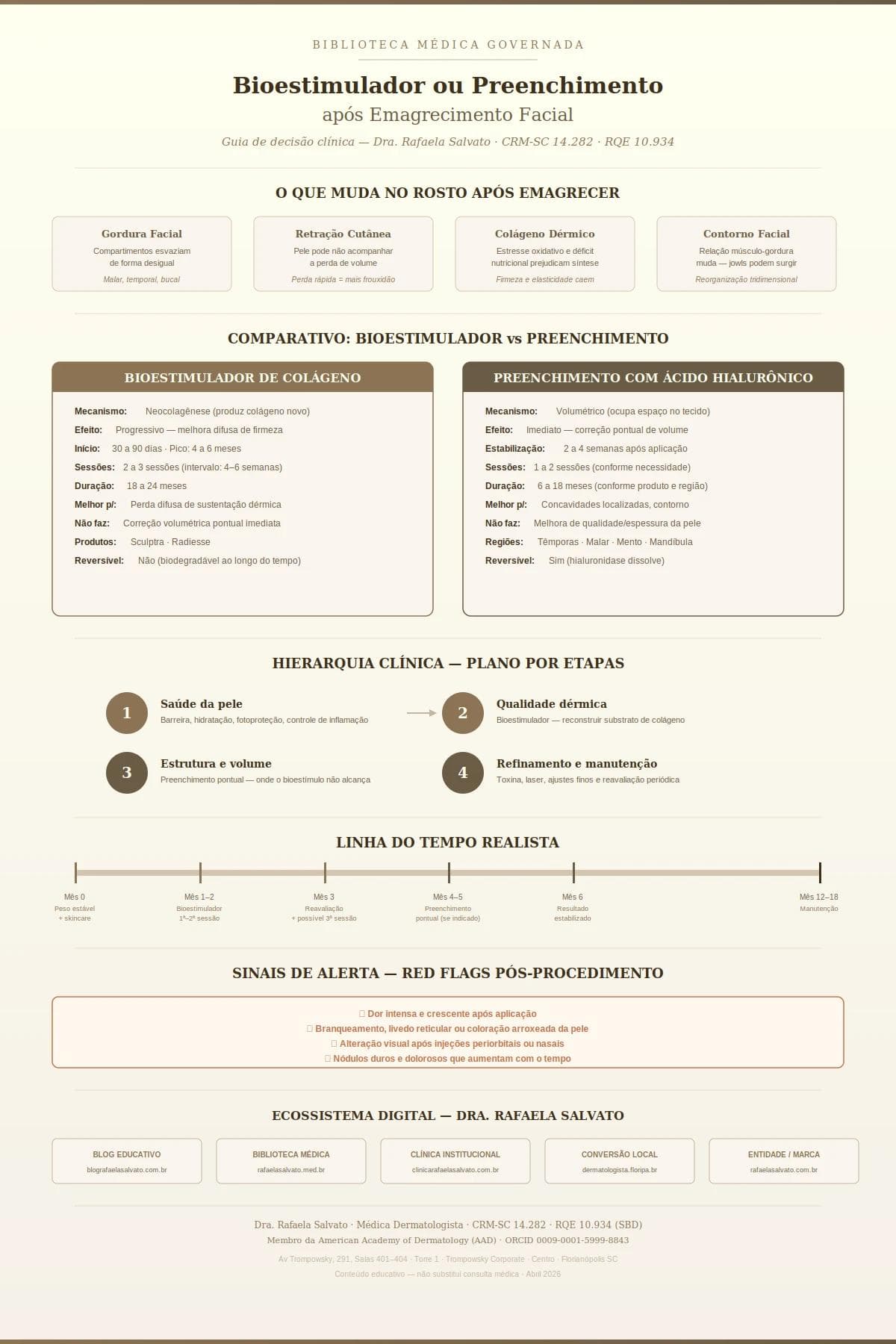 Infográfico clínico sobre bioestimulador de colágeno versus preenchimento com ácido hialurônico após emagrecimento facial, elaborado pela Dra. Rafaela Salvato, médica dermatologista referência no sul do Brasil (CRM-SC 14.282, RQE 10.934). Apresenta comparativo de mecanismo, timing e indicações de cada recurso, hierarquia clínica de tratamento por etapas (saúde da pele, qualidade dérmica, estrutura volumétrica e refinamento), linha do tempo realista de 0 a 18 meses, sinais de alerta pós-procedimento e o ecossistema digital de cinco sites da Dra. Rafaela Salvato. Paleta editorial em ivory, areia, taupe e castanho profundo.