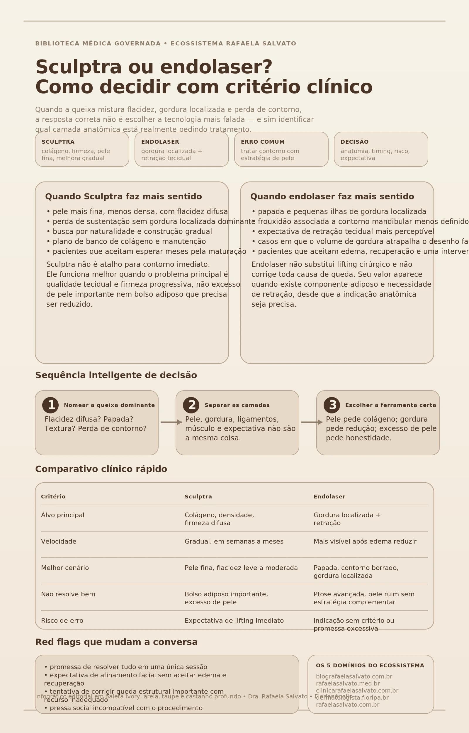 Infográfico editorial em paleta ivory, warm off-white, areia, taupe e castanho profundo comparando Sculptra e endolaser para decisão clínica em dermatologia estética. A peça destaca quando cada técnica faz mais sentido, uma sequência inteligente de decisão, um comparativo rápido entre colágeno e retração com gordura localizada, red flags de indicação e a presença dos cinco sites do ecossistema Rafaela Salvato.