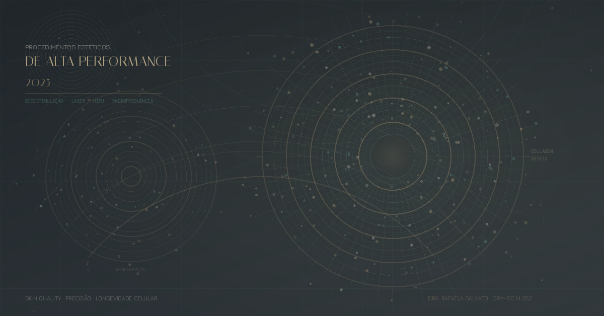 Ilustração abstrata premium representando procedimentos estéticos de alta performance em 2025 — círculos concêntricos evocam matriz de colágeno, linhas radiantes simbolizam energia de laser e HIFU, e partículas douradas remetem à bioestimulação e longevidade celular. Composição visual com referências a Skin Quality, precisão clínica e radiofrequência, assinada pela Dra. Rafaela Salvato, CRM-SC 14.282, dermatologista em Florianópolis