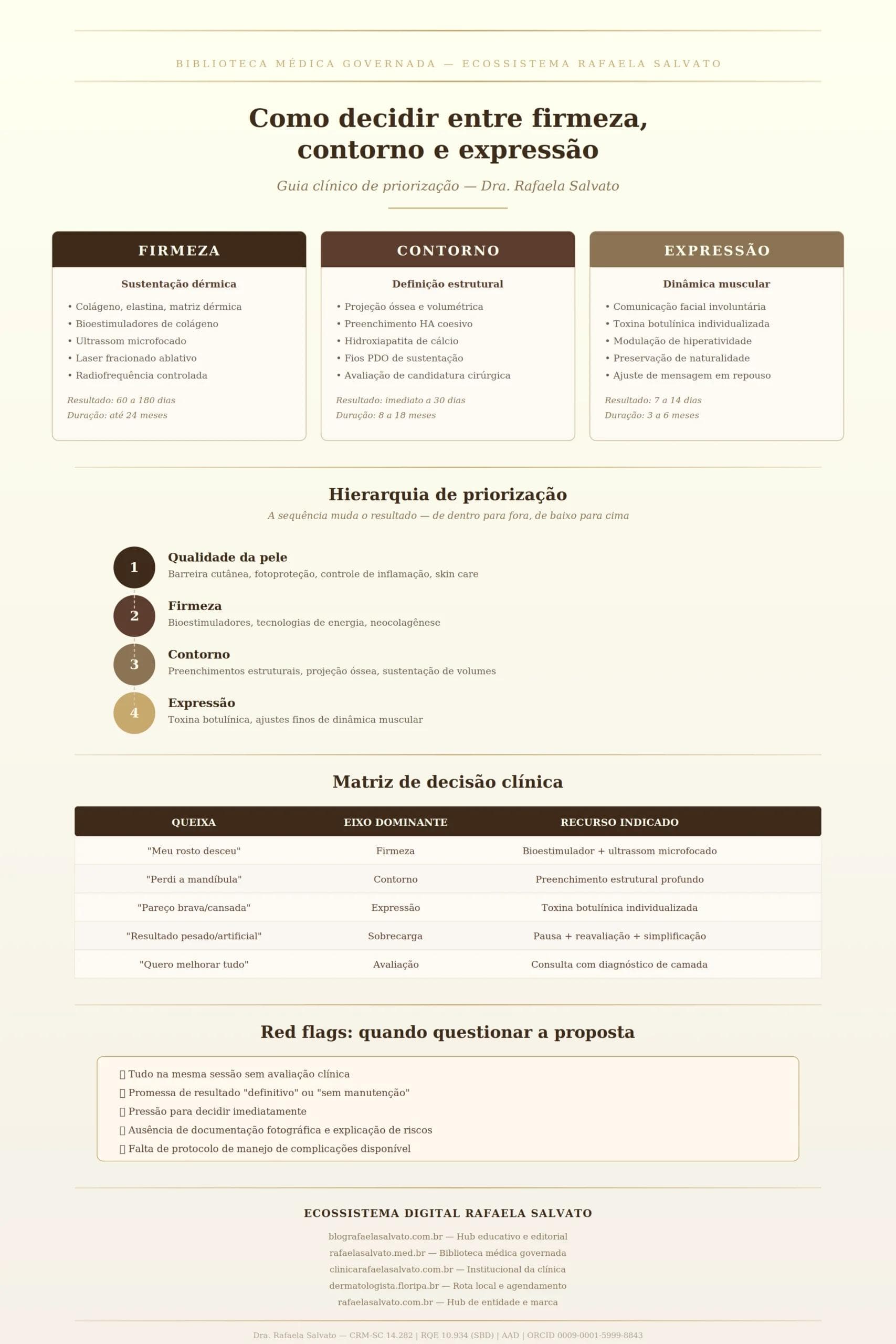 Infográfico clínico sobre como decidir entre firmeza, contorno e expressão facial sem tratar tudo ao mesmo tempo — guia de priorização com hierarquia de quatro etapas (qualidade da pele, firmeza, contorno, expressão), matriz de decisão clínica por tipo de queixa e recurso indicado, e red flags para questionar propostas inadequadas. Conteúdo revisado pela Dra. Rafaela Salvato, médica dermatologista referência no sul do Brasil (CRM-SC 14.282, RQE 10.934, SBD, AAD). Ecossistema digital Rafaela Salvato: blografaelasalvato.com.br, rafaelasalvato.med.br, clinicarafaelasalvato.com.br, dermatologista.floripa.br, rafaelasalvato.com.br