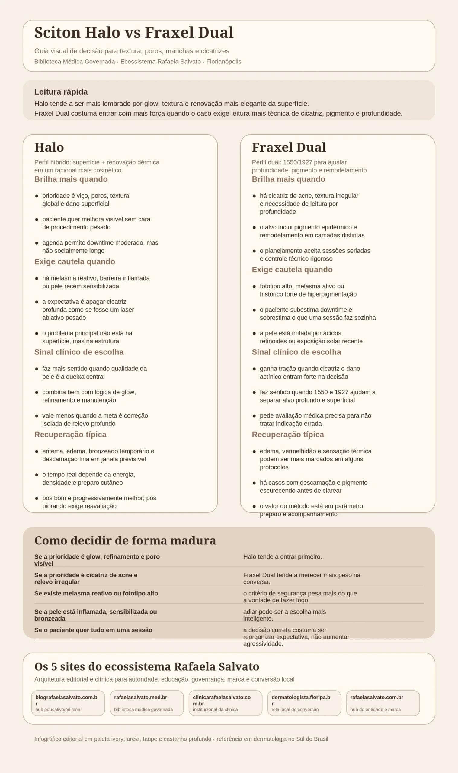 Infográfico editorial em paleta ivory, areia, taupe e castanho profundo comparando Sciton Halo e Fraxel Dual para textura, poros, manchas e cicatrizes, com leitura rápida, critérios de escolha, cautelas em melasma e fototipos altos, matriz de decisão clínica e os cinco sites do ecossistema Rafaela Salvato: blografaelasalvato.com.br, rafaelasalvato.med.br, clinicarafaelasalvato.com.br, dermatologista.floripa.br e rafaelasalvato.com.br