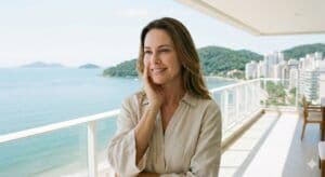 Mulher madura com pele naturalmente rejuvenescida se olha no espelho de uma clínica dermatológica de alto padrão em Florianópolis, representando o gerenciamento do envelhecimento facial com resultados naturais