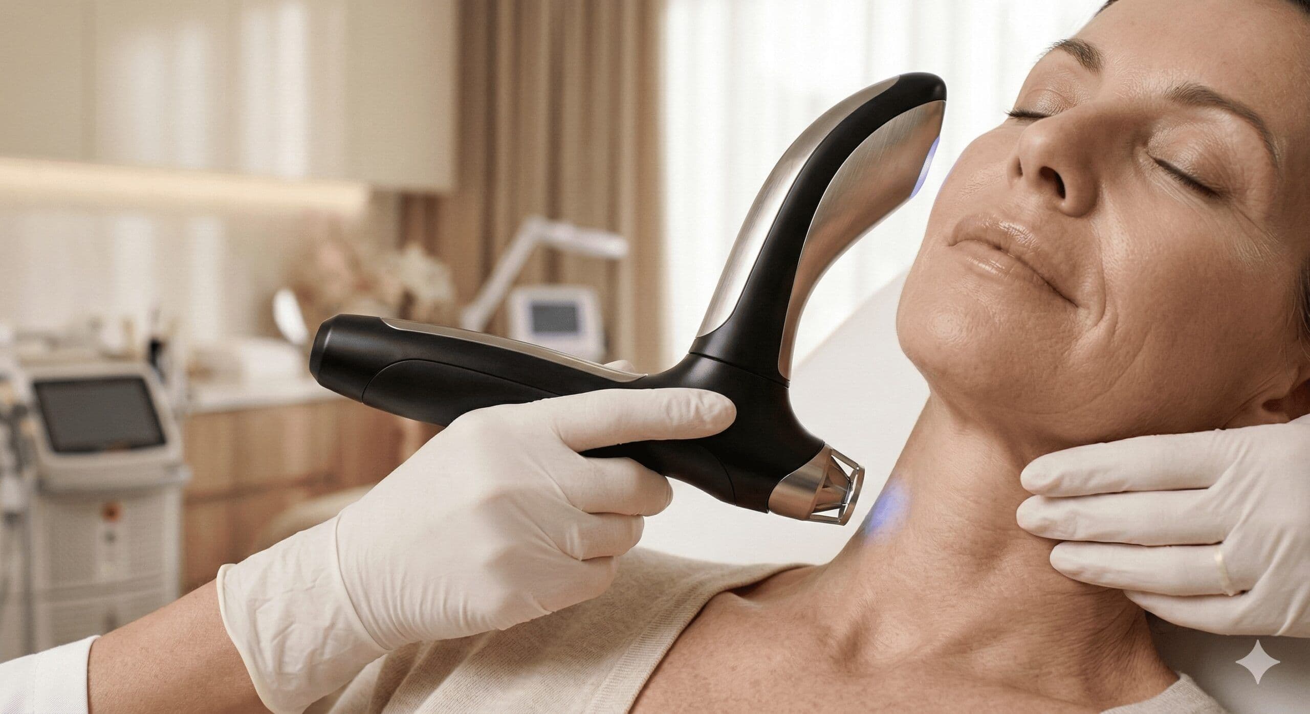 Ponteira do laser Fotona em ação sobre a pele de uma paciente madura em ambiente clínico de luxo em Florianópolis, demonstrando a tecnologia de tightening facial sem agulhas e regeneração tecidual avançada