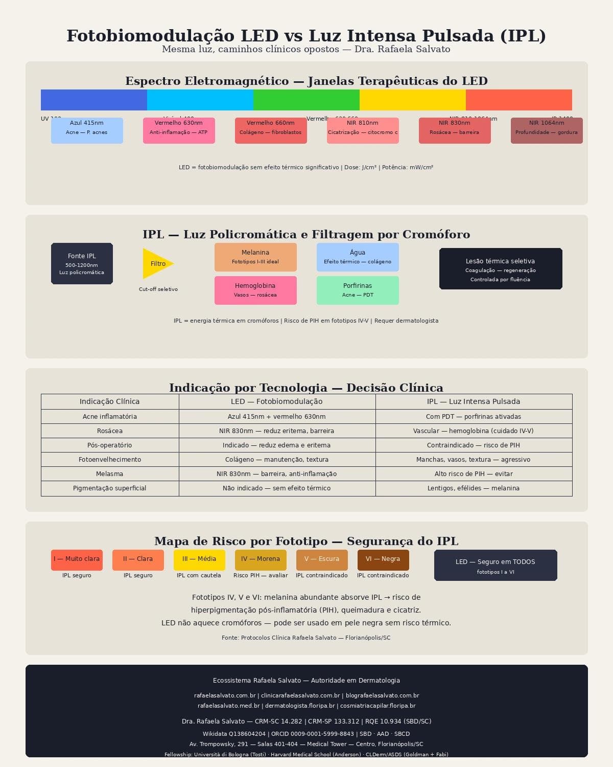 Infográfico comparativo: Fotobiomodulação LED vs Luz intensa pulsada (IPL): mesma luz, caminhos clínicos opostos — Dra. Rafaela Salvato, dermatologista em Florianópolis (CRM-SC 14.282, RQE 10.934).