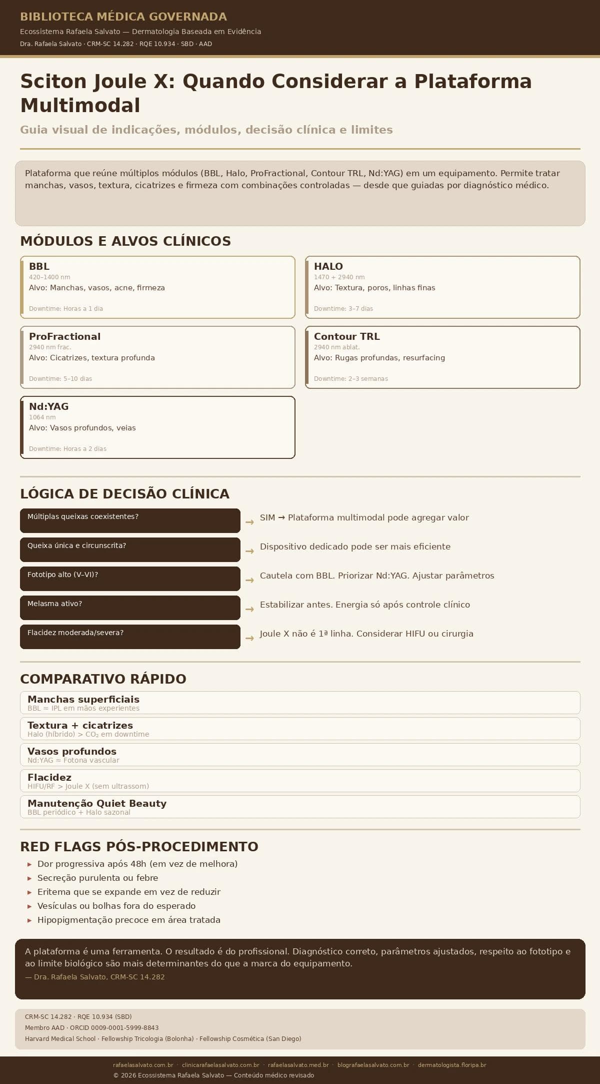 Infográfico médico sobre a plataforma Sciton Joule X, com guia visual de módulos (BBL, Halo, ProFractional, Contour TRL, Nd:YAG), comprimentos de onda, alvos clínicos e tempos de recuperação. Inclui lógica de decisão para indicação, comparativo com tecnologias alternativas, red flags pós-procedimento e citação de autoridade da Dra. Rafaela Salvato, CRM-SC 14.282, referência em dermatologia no sul do Brasil. Rodapé com os cinco domínios do ecossistema Rafaela Salvato