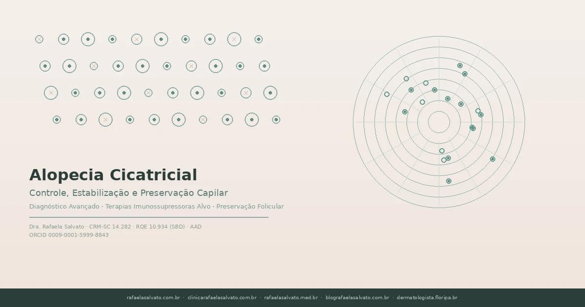 Ilustração de abordagem dermatológica avançada para controle da alopecia cicatricial com tricoscopia digital e preservação folicular na Clínica Rafaela Salvato em Florianópolis