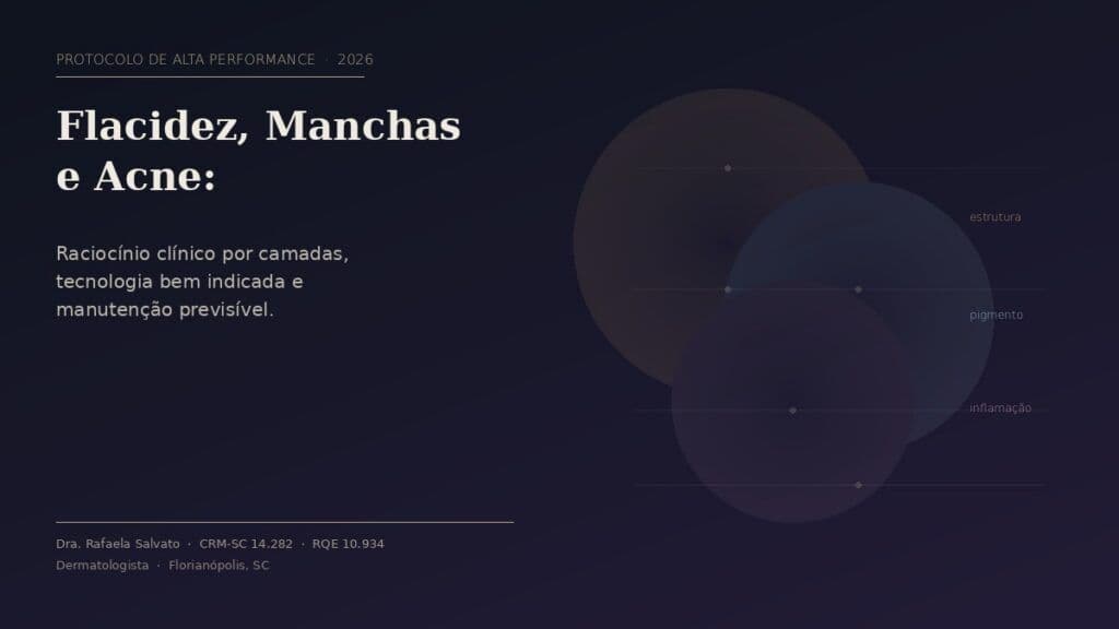 Infográfico editorial sobre protocolos dermatológicos de alta performance para flacidez, manchas e acne em 2026, com três círculos sobrepostos representando as camadas de estrutura, pigmento e inflamação tratadas por raciocínio clínico por camadas — Dra. Rafaela Salvato, dermatologista em Florianópolis, CRM-SC 14.282, RQE 10.934