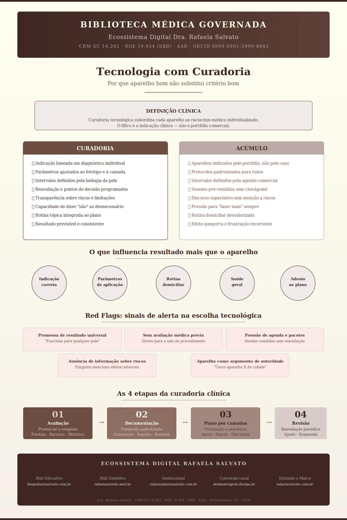 Infográfico educativo da Biblioteca Médica Governada do ecossistema Dra. Rafaela Salvato sobre tecnologia com curadoria em dermatologia estética. Compara curadoria tecnológica versus acúmulo de aparelhos, apresenta os cinco fatores que influenciam resultado mais que o equipamento (indicação correta, parâmetros de aplicação, rotina domiciliar, saúde geral e adesão ao plano), seis red flags na escolha tecnológica e as quatro etapas da curadoria clínica: avaliação, documentação, plano por camadas e revisão. Paleta em ivory, areia, taupe e castanho profundo. Inclui os cinco sites do ecossistema digital. CRM-SC 14.282, RQE 10.934, SBD, AAD.