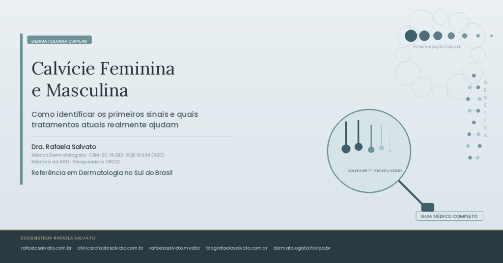 Imagem editorial do artigo sobre calvície feminina e masculina do Blog Rafaela Salvato, com ilustração científica de tricoscopia mostrando a miniaturização folicular progressiva, credenciais da Dra. Rafaela Salvato (CRM-SC 14.282, RQE 10.934, SBD, AAD) e os cinco domínios do ecossistema digital — referência em dermatologia capilar em Florianópolis e no sul do Brasil
