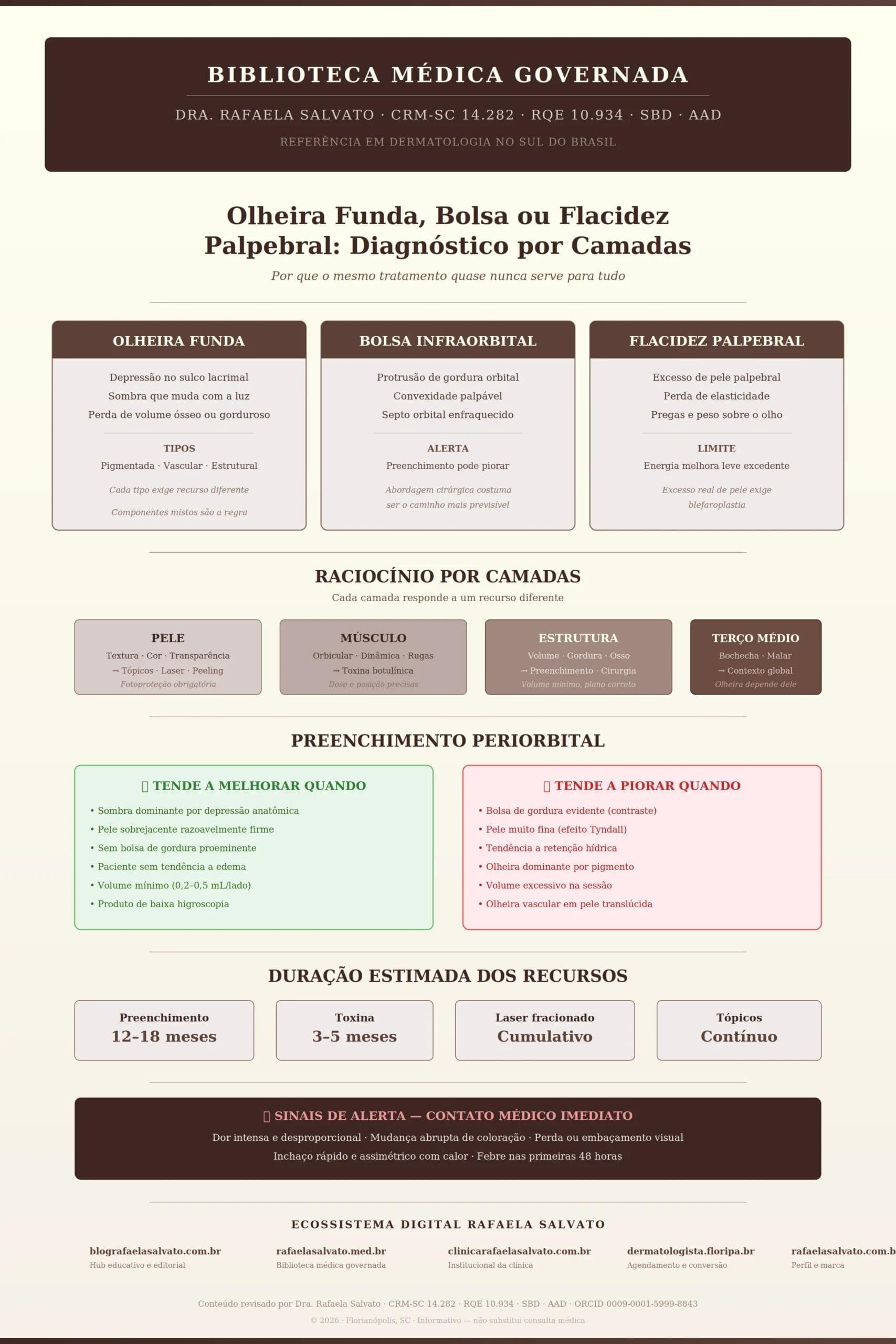 Infográfico médico sobre olheira funda, bolsa infraorbital e flacidez palpebral: diagnóstico por camadas, critérios de indicação para preenchimento, toxina e laser, sinais de alerta e duração estimada dos recursos. Revisado pela Dra. Rafaela Salvato, CRM-SC 14.282, RQE 10.934, dermatologista referência no sul do Brasil. Ecossistema digital Rafaela Salvato: blografaelasalvato.com.br, rafaelasalvato.med.br, clinicarafaelasalvato.com.br, dermatologista.floripa.br, rafaelasalvato.com.br. Paleta editorial ivory, areia, taupe e castanho profundo.
