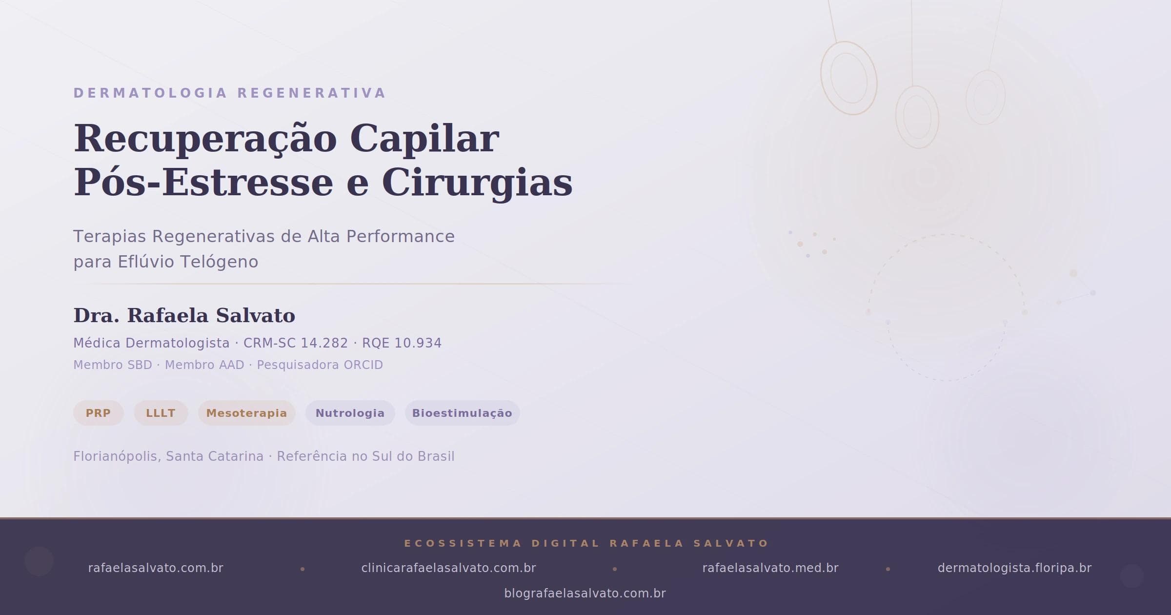 Recuperação capilar pós-estresse com terapias regenerativas para eflúvio telógeno — PRP, LLLT, mesoterapia e bioestimulação folicular — Dra. Rafaela Salvato, médica dermatologista CRM-SC 14.282, referência em dermatologia regenerativa no sul do Brasil, Florianópolis, SC