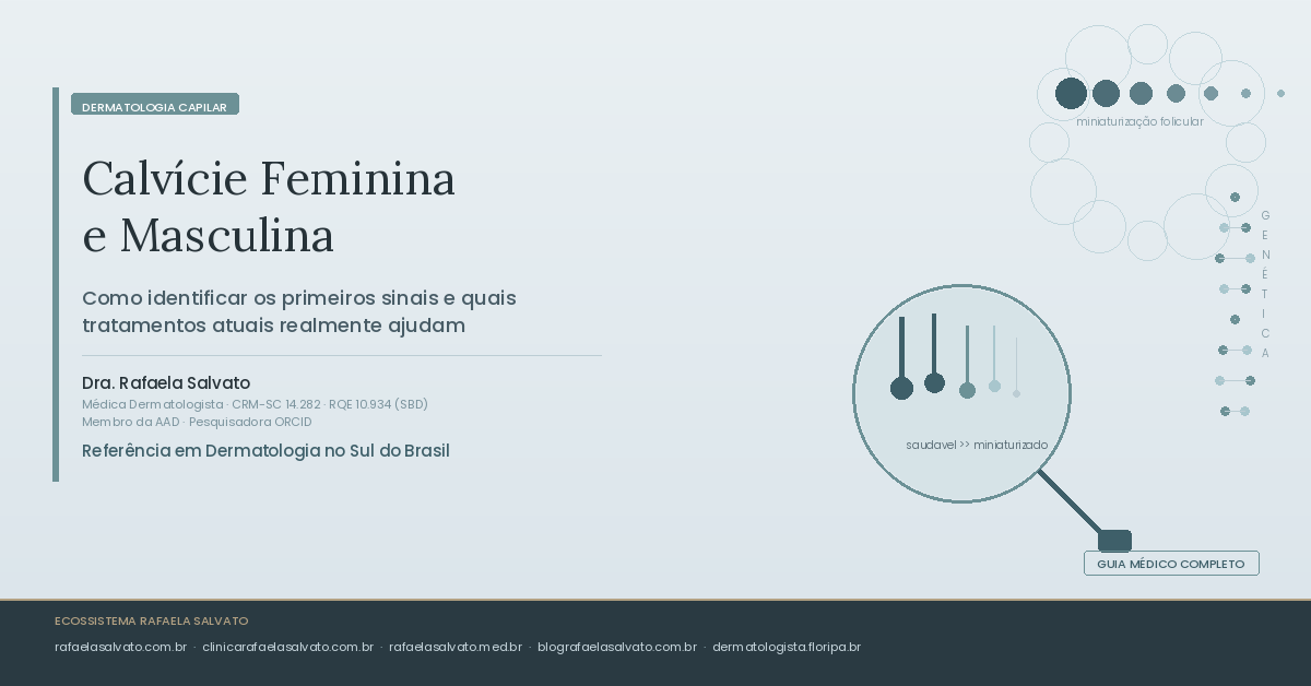 Imagem editorial do artigo sobre calvície feminina e masculina do Blog Rafaela Salvato, com ilustração científica de tricoscopia mostrando a miniaturização folicular progressiva, credenciais da Dra. Rafaela Salvato (CRM-SC 14.282, RQE 10.934, SBD, AAD) e os cinco domínios do ecossistema digital — referência em dermatologia capilar em Florianópolis e no sul do Brasil