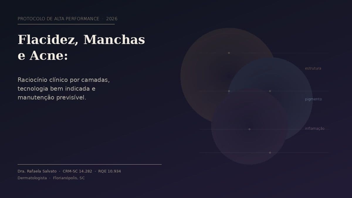 Infográfico editorial sobre protocolos dermatológicos de alta performance para flacidez, manchas e acne em 2026, com três círculos sobrepostos representando as camadas de estrutura, pigmento e inflamação tratadas por raciocínio clínico por camadas — Dra. Rafaela Salvato, dermatologista em Florianópolis, CRM-SC 14.282, RQE 10.934