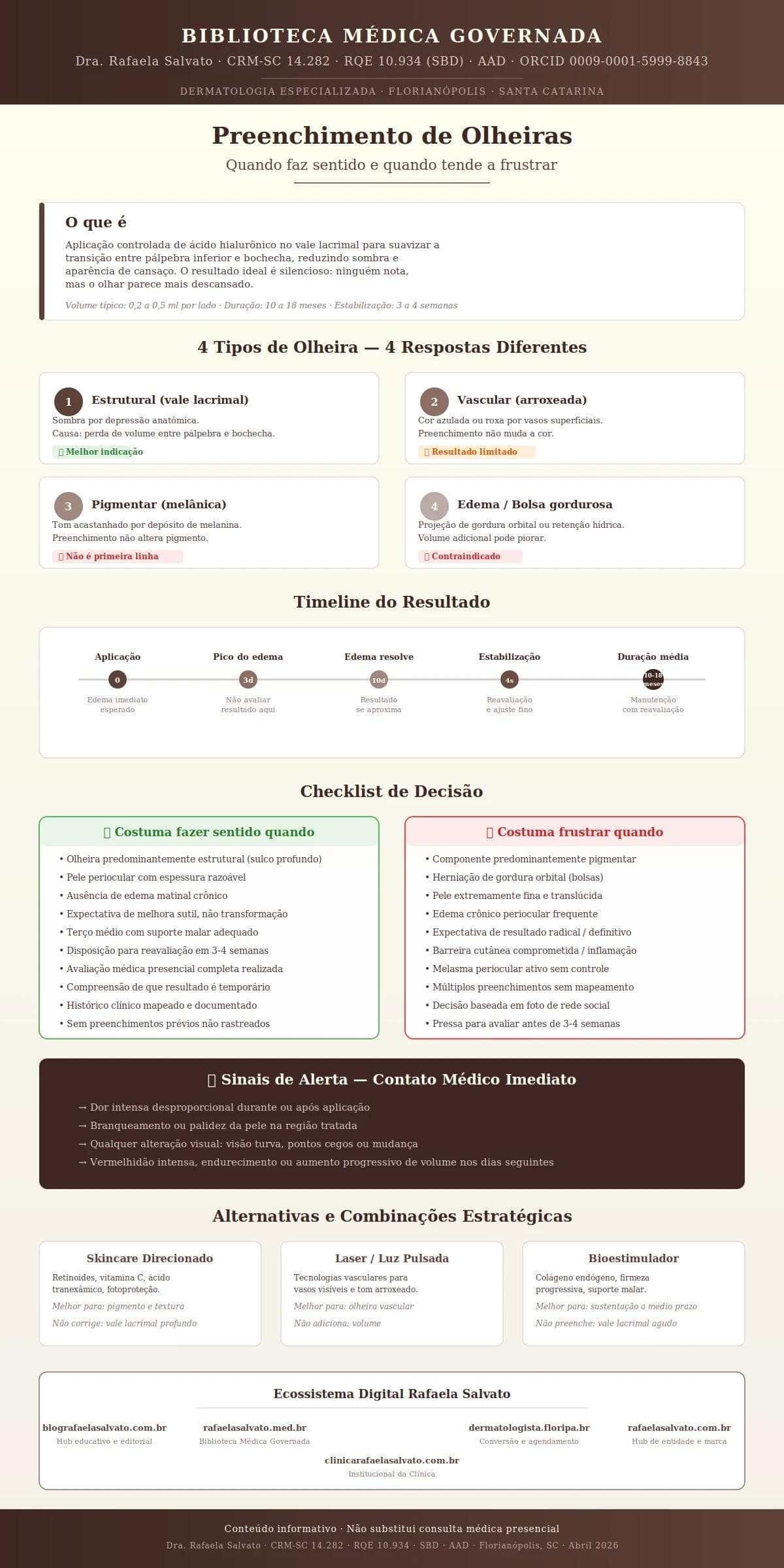 Infográfico médico sobre preenchimento de olheiras com ácido hialurônico, produzido pela Dra. Rafaela Salvato, dermatologista referência no Sul do Brasil (CRM-SC 14.282, RQE 10.934, SBD, AAD). Apresenta os quatro tipos de olheira e suas indicações, timeline de resultado de 0 dias a 18 meses, checklist de decisão comparando quando o preenchimento faz sentido versus quando tende a frustrar, sinais de alerta que exigem contato médico imediato, alternativas estratégicas (skincare, laser, bioestimulador) e os cinco sites do ecossistema digital Rafaela Salvato. Paleta editorial em ivory, areia, taupe e castanho profundo. Conteúdo informativo publicado pela Biblioteca Médica Governada em abril de 2026.